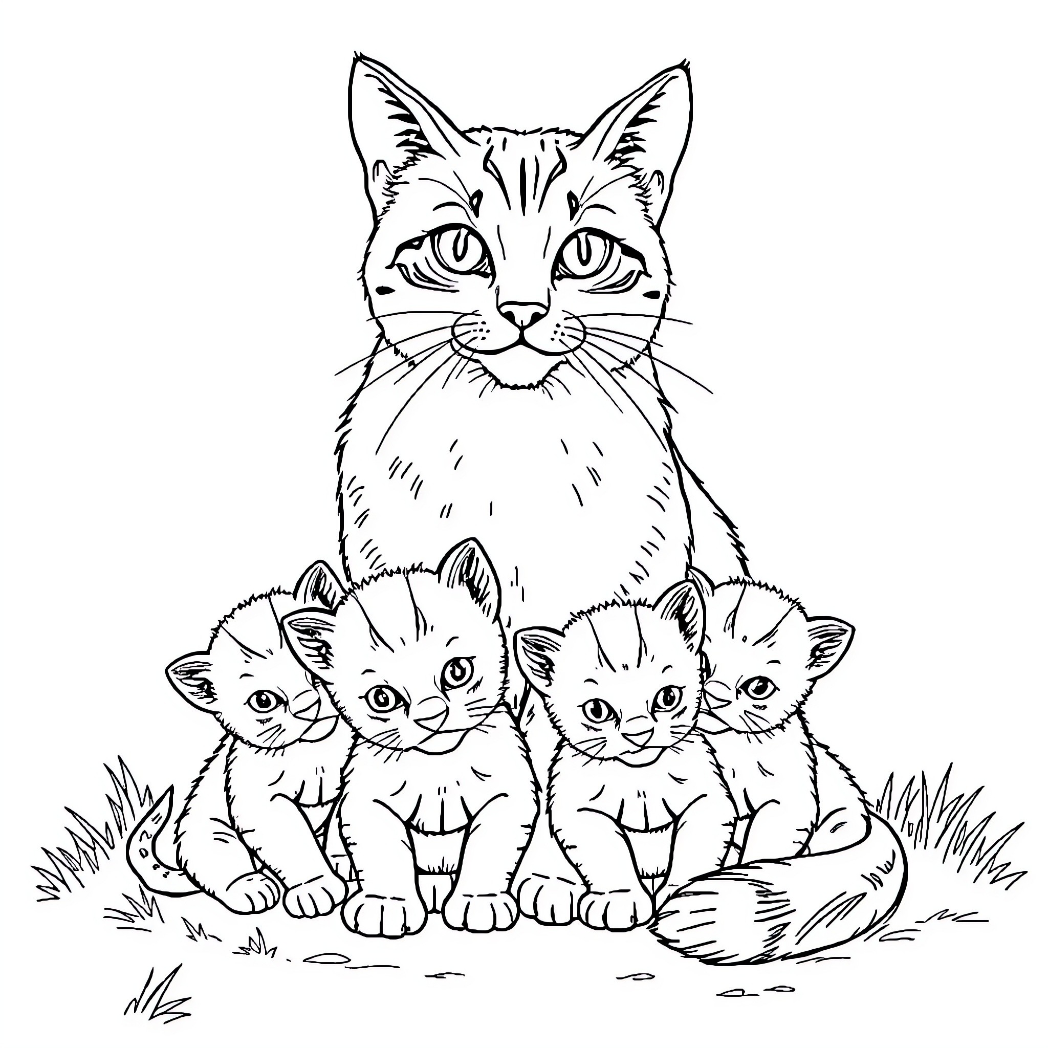 Cat and kittens in the grass Coloring Page (free black-and-white line drawing printable PDF for all, from beginners to advanced learners, including children, teens, adults, and seniors)