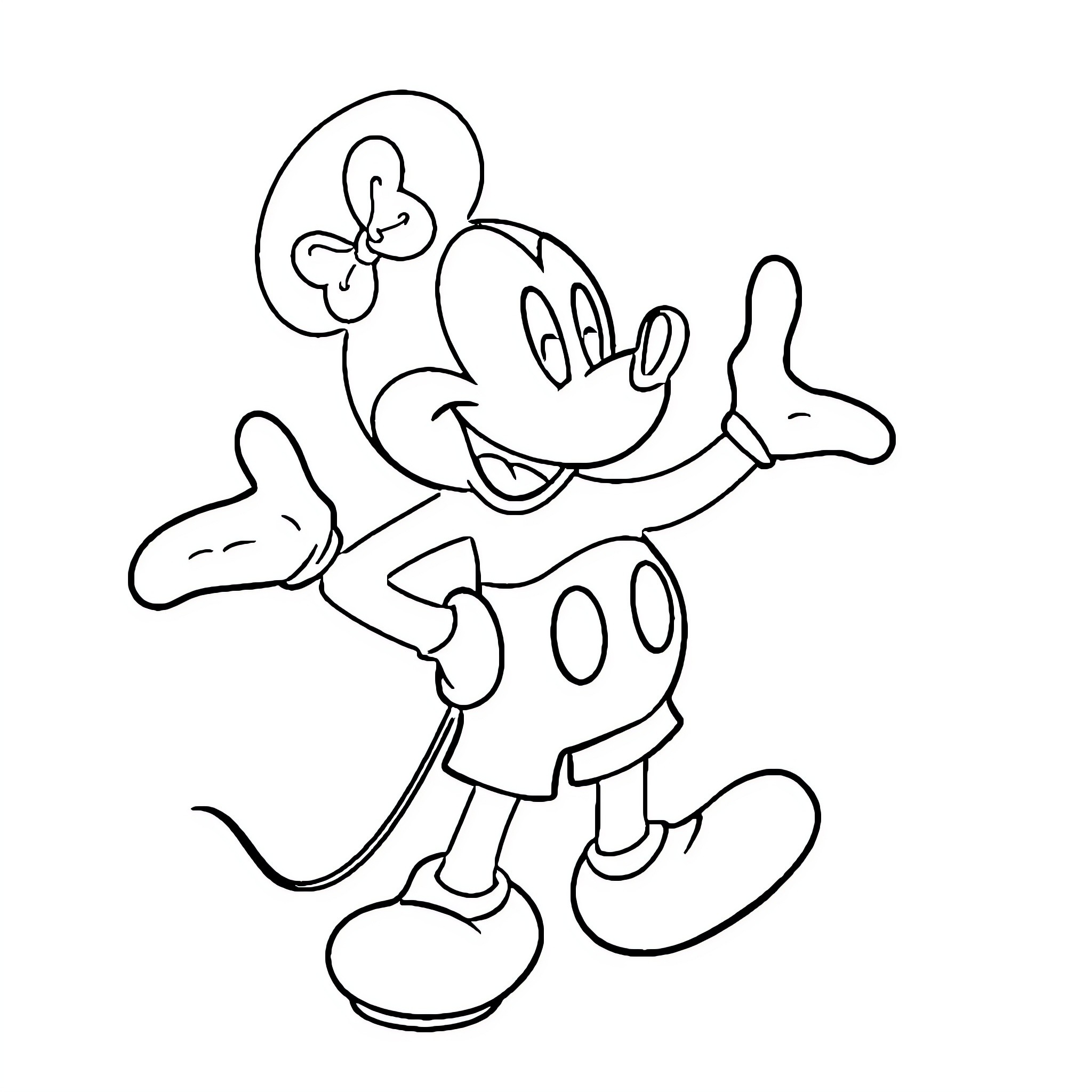 Mickey Mouse happily gesturing and posing Coloring Page (free black-and-white line drawing printable PDF for all, from beginners to advanced learners, including children, teens, adults, and seniors)