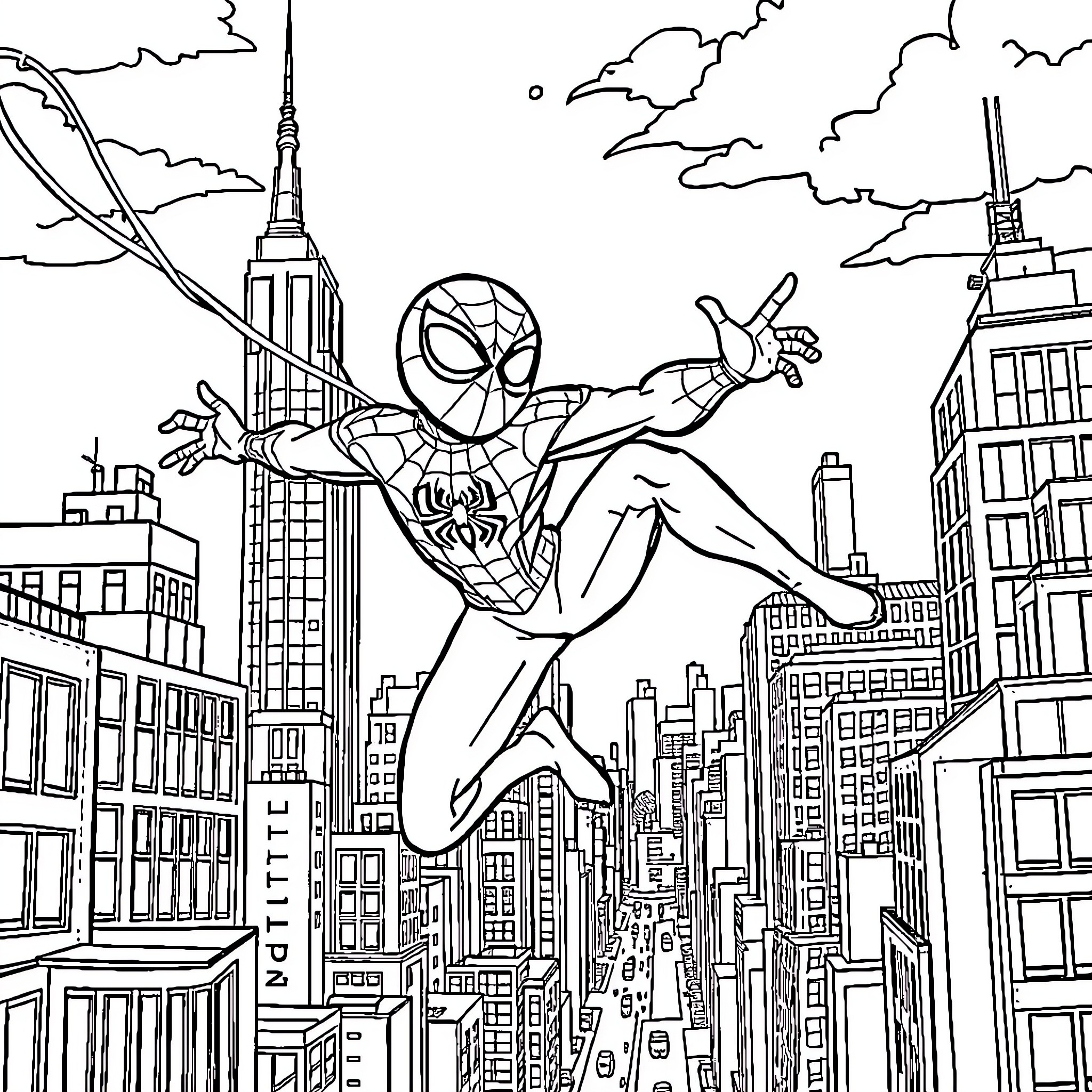 Tchoupie swinging through the city skyline Coloring Page (free black-and-white line drawing printable PDF for all, from beginners to advanced learners, including children, teens, adults, and seniors)