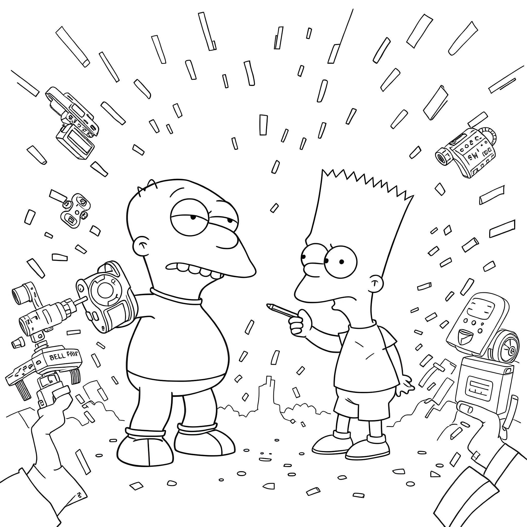 Stewie Griffin and Bart Simpson play with toy guns and gadgets Coloring Page (free black-and-white line drawing printable PDF for all, from beginners to advanced learners, including children, teens, adults, and seniors)