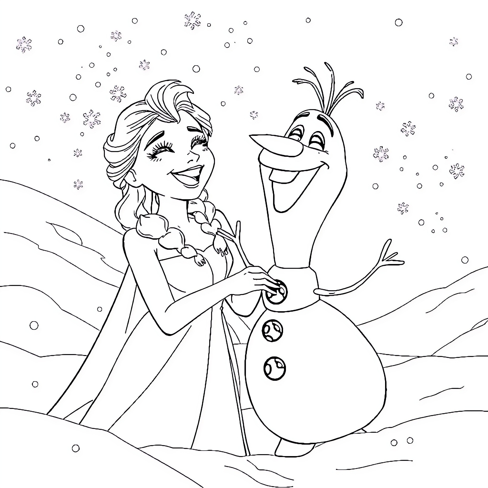 Elsa and Olaf enjoying the winter wonderland Coloring Page (free black-and-white line drawing printable PDF for all, from beginners to advanced learners, including children, teens, adults, and seniors)