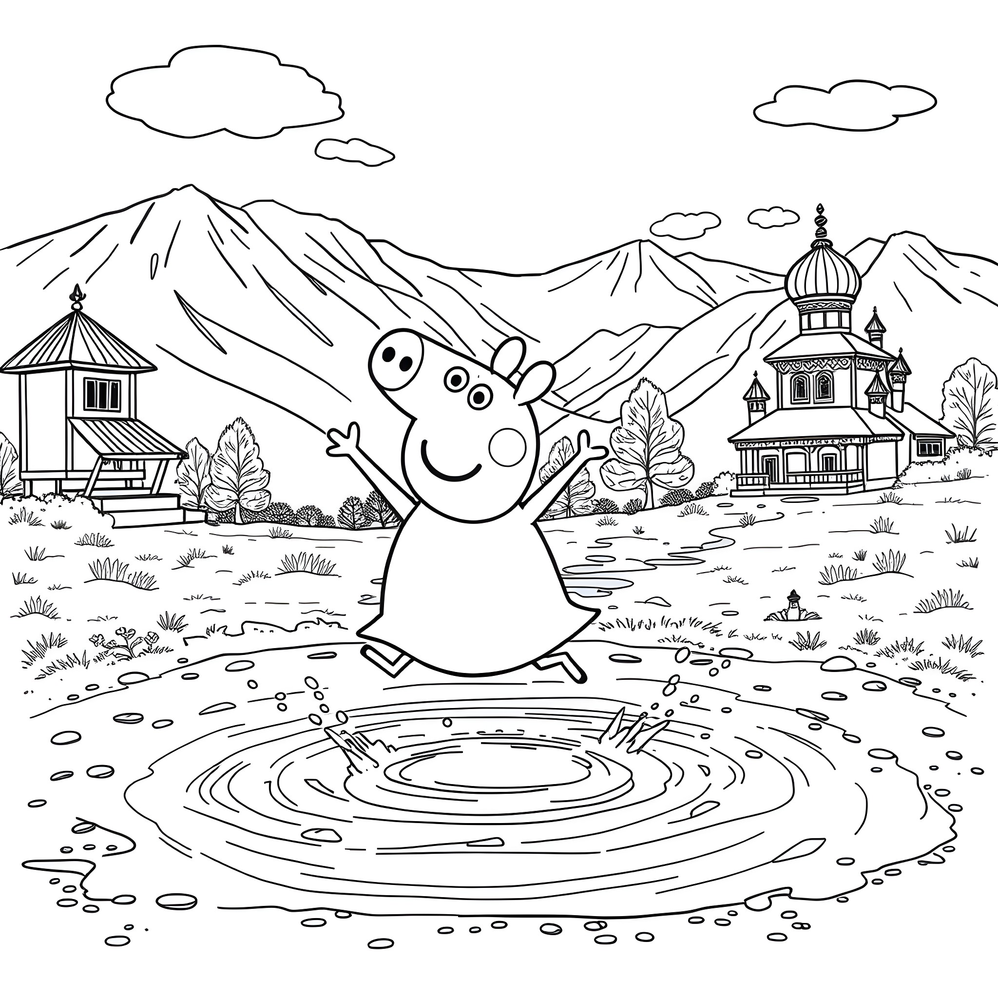 Peppa Pig playing cheerfully in a mountain landscape Coloring Page (free black-and-white line drawing printable PDF for all, from beginners to advanced learners, including children, teens, adults, and seniors)