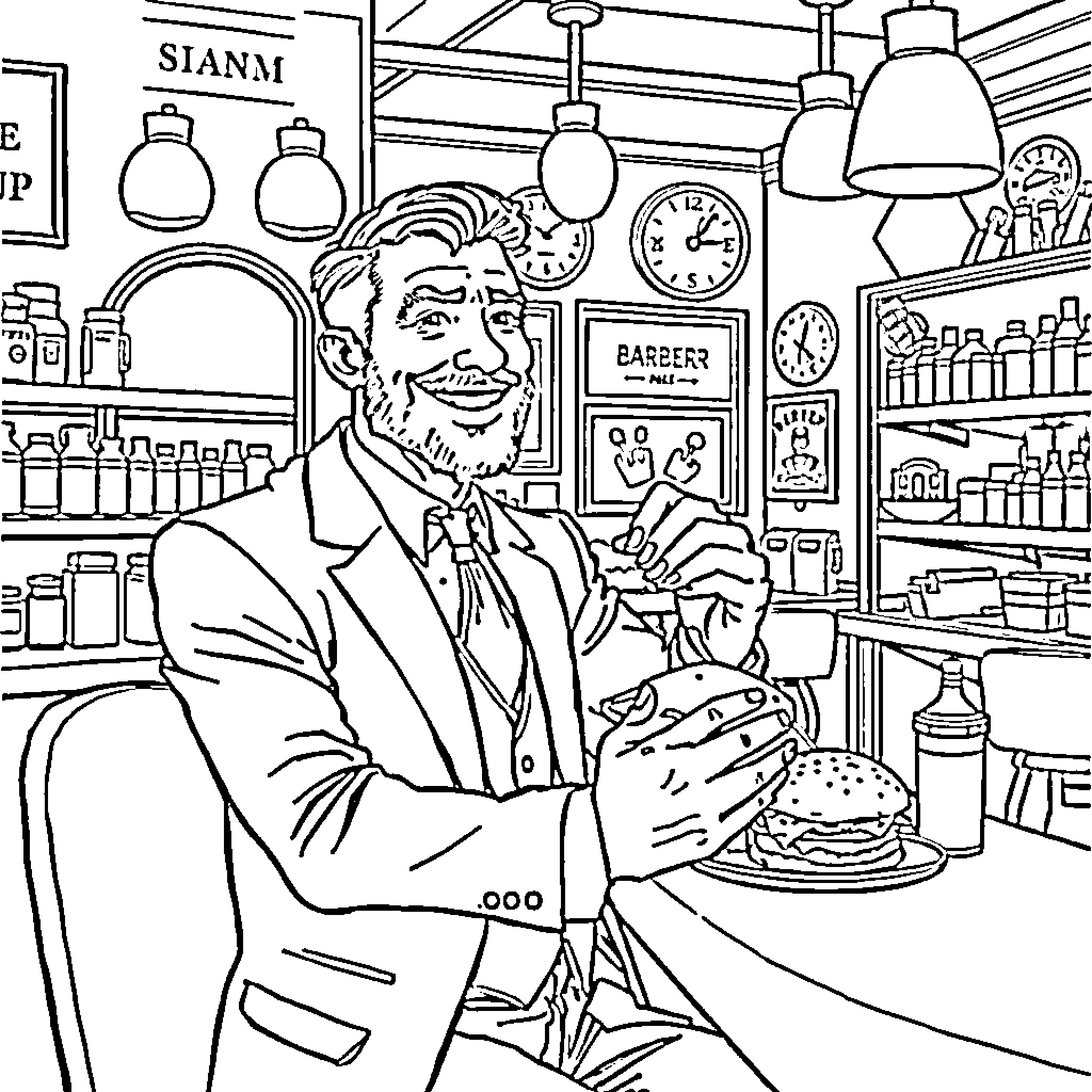 Freemason Enjoying a Burger at the Diner Coloring Page (free black-and-white line drawing printable PDF for all, from beginners to advanced learners, including children, teens, adults, and seniors)