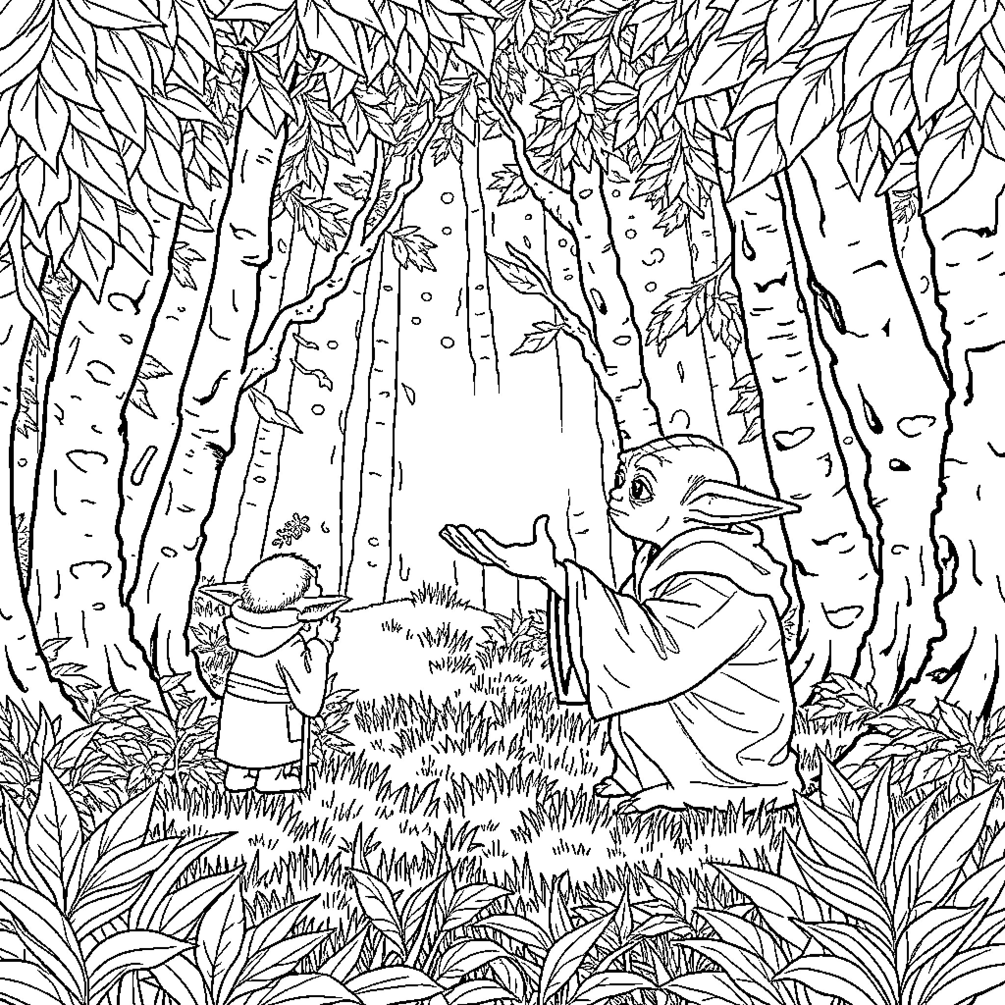 Yoda exploring the enchanted forest with a friend Coloring Page (free black-and-white line drawing printable PDF for all, from beginners to advanced learners, including children, teens, adults, and seniors)
