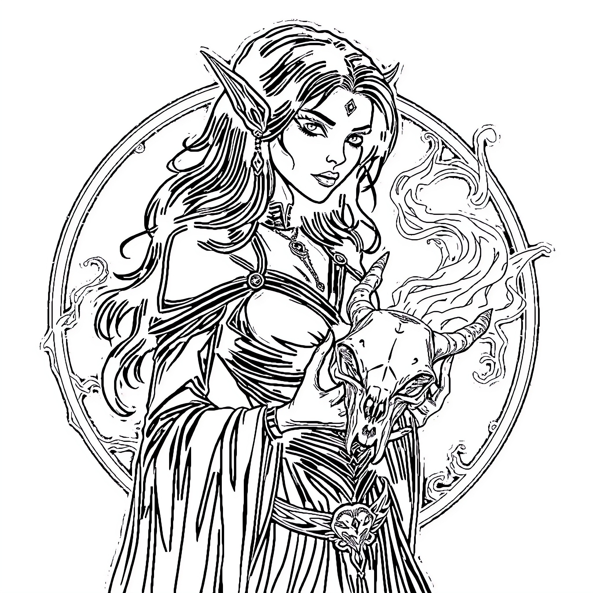 Fae Enchantress Conjuring Mystical Powers Coloring Page (free black-and-white line drawing printable PDF for all, from beginners to advanced learners, including children, teens, adults, and seniors)