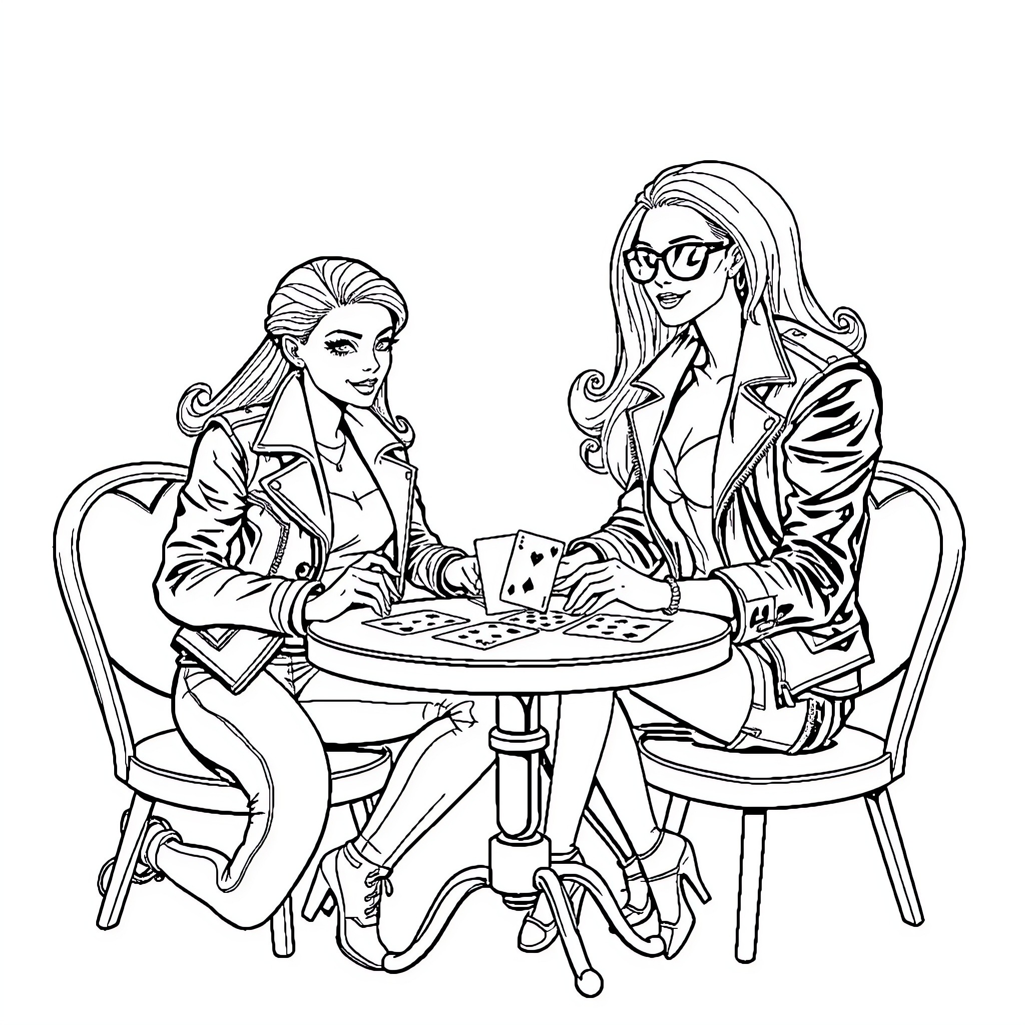 Biker girls playing cards at cafe Coloring Page (free black-and-white line drawing printable PDF for all, from beginners to advanced learners, including children, teens, adults, and seniors)