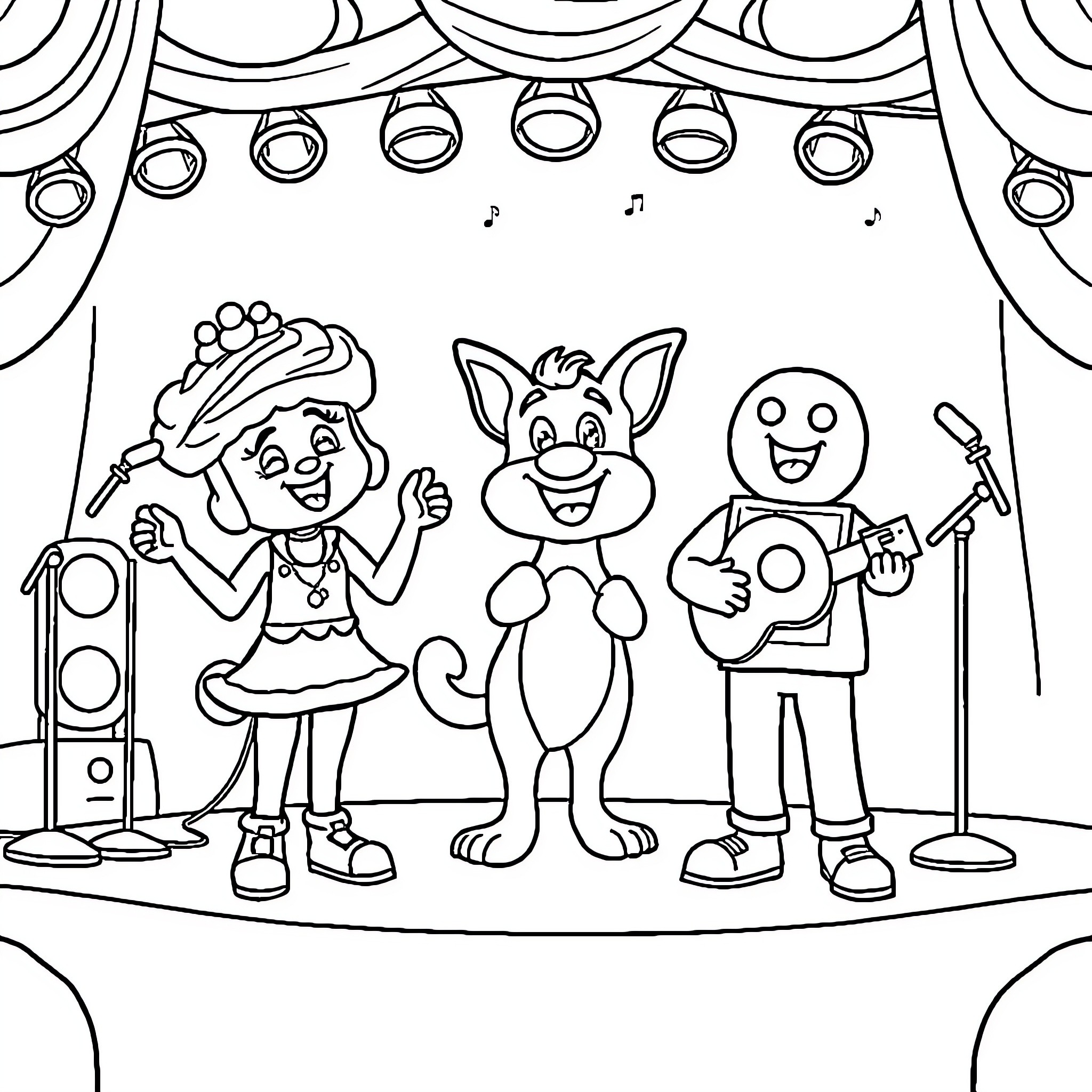 Muffin's Musical Trio on Stage Coloring Page (free black-and-white line drawing printable PDF for all, from beginners to advanced learners, including children, teens, adults, and seniors)