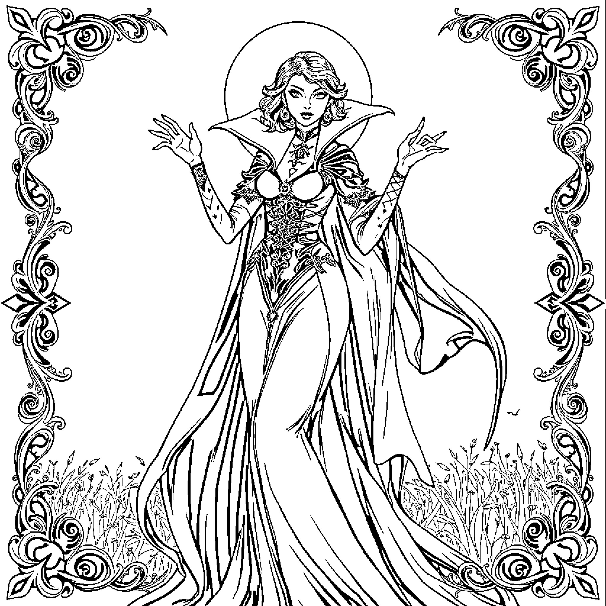 Vampire Queen in Elegant Regalia Coloring Page (free black-and-white line drawing printable PDF for all, from beginners to advanced learners, including children, teens, adults, and seniors)