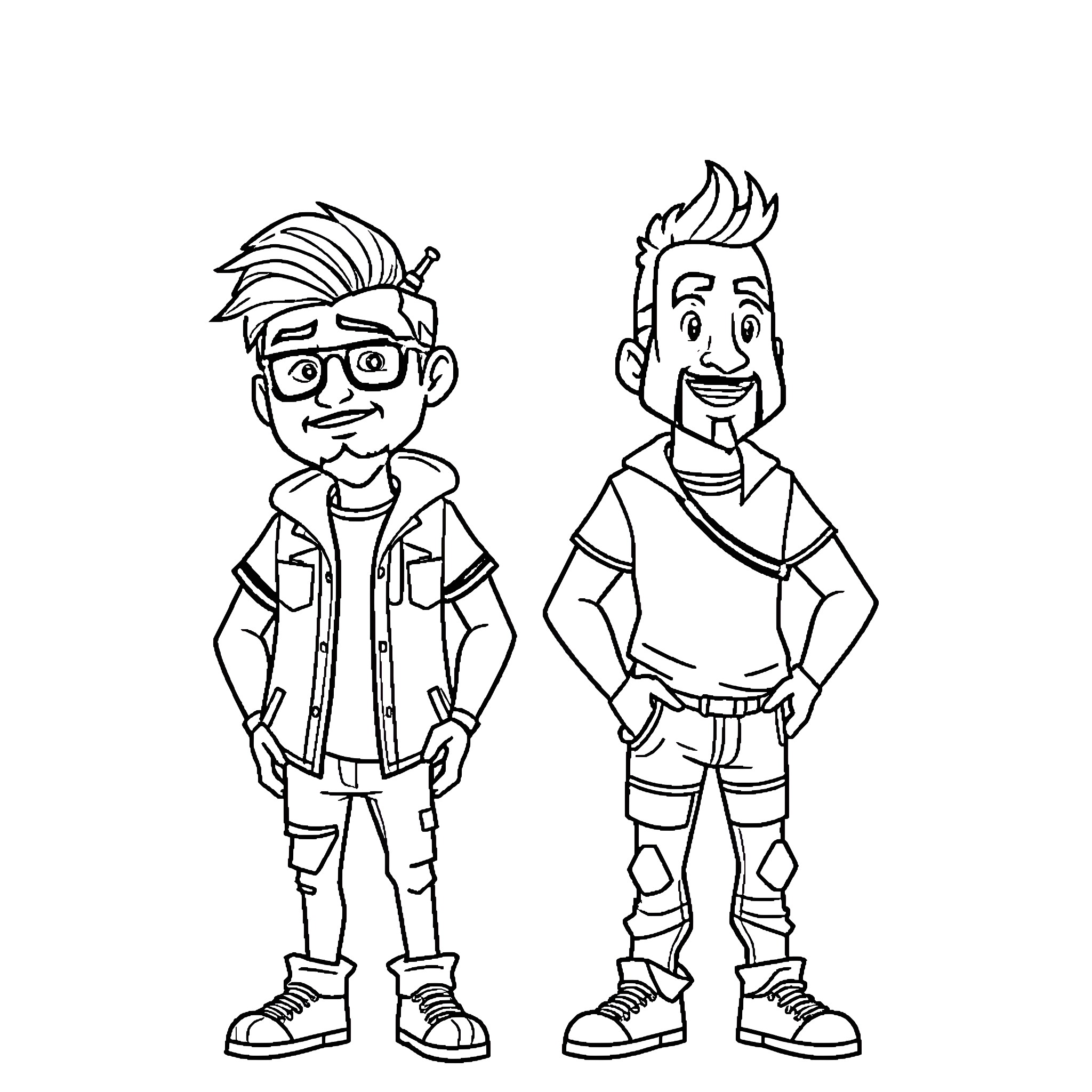 Wayne and Raj in Casual Attire Coloring Page (free black-and-white line drawing printable PDF for all, from beginners to advanced learners, including children, teens, adults, and seniors)