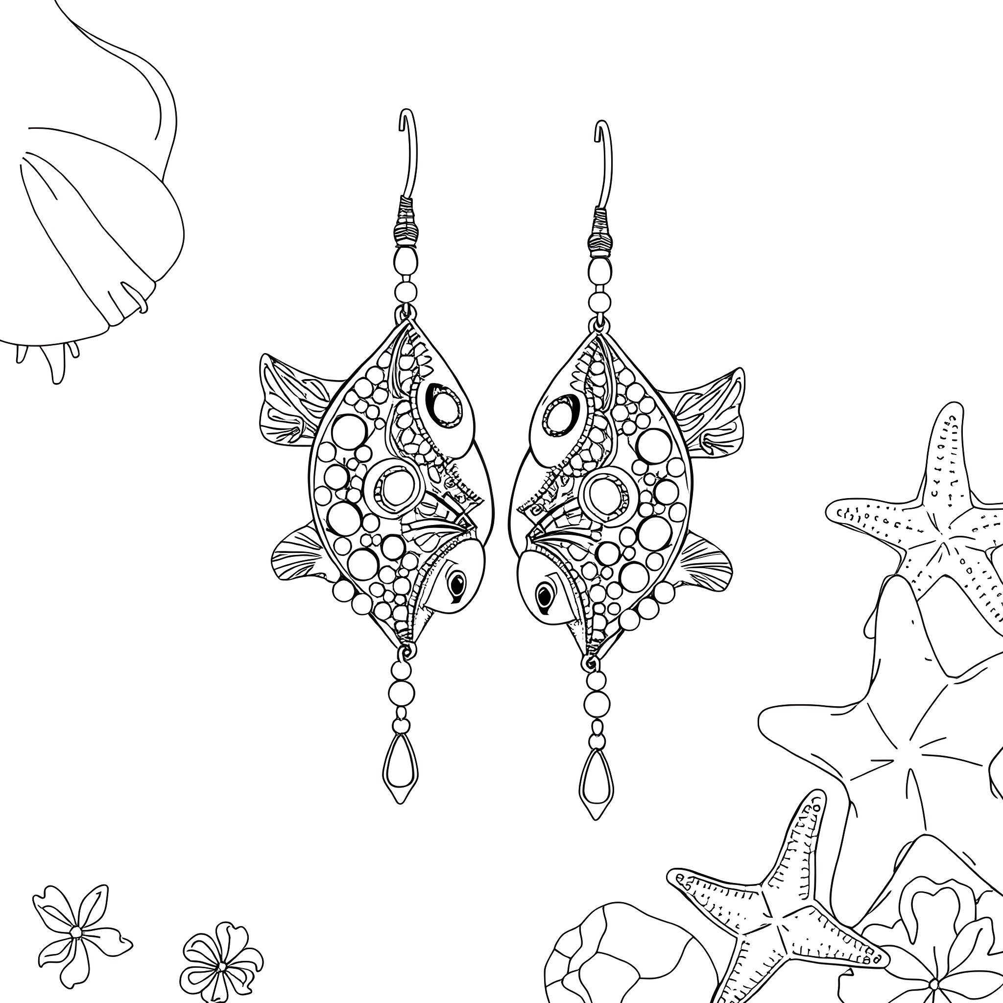 Fish-shaped earrings with intricate patterns Coloring Page (free black-and-white line drawing printable PDF for all, from beginners to advanced learners, including children, teens, adults, and seniors)