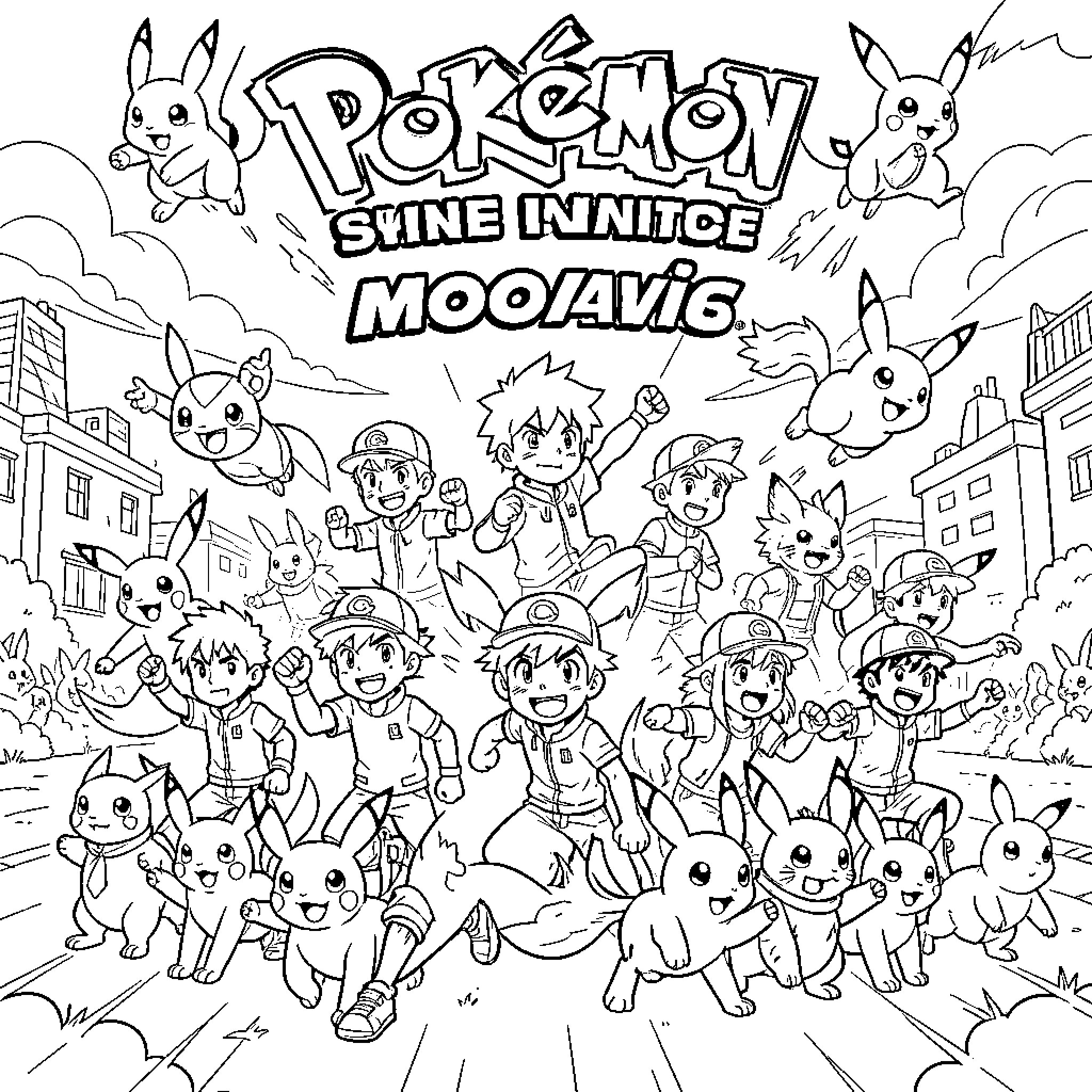 Pokémon characters celebrating and cheering together in a city Coloring Page (free black-and-white line drawing printable PDF for all, from beginners to advanced learners, including children, teens, adults, and seniors)