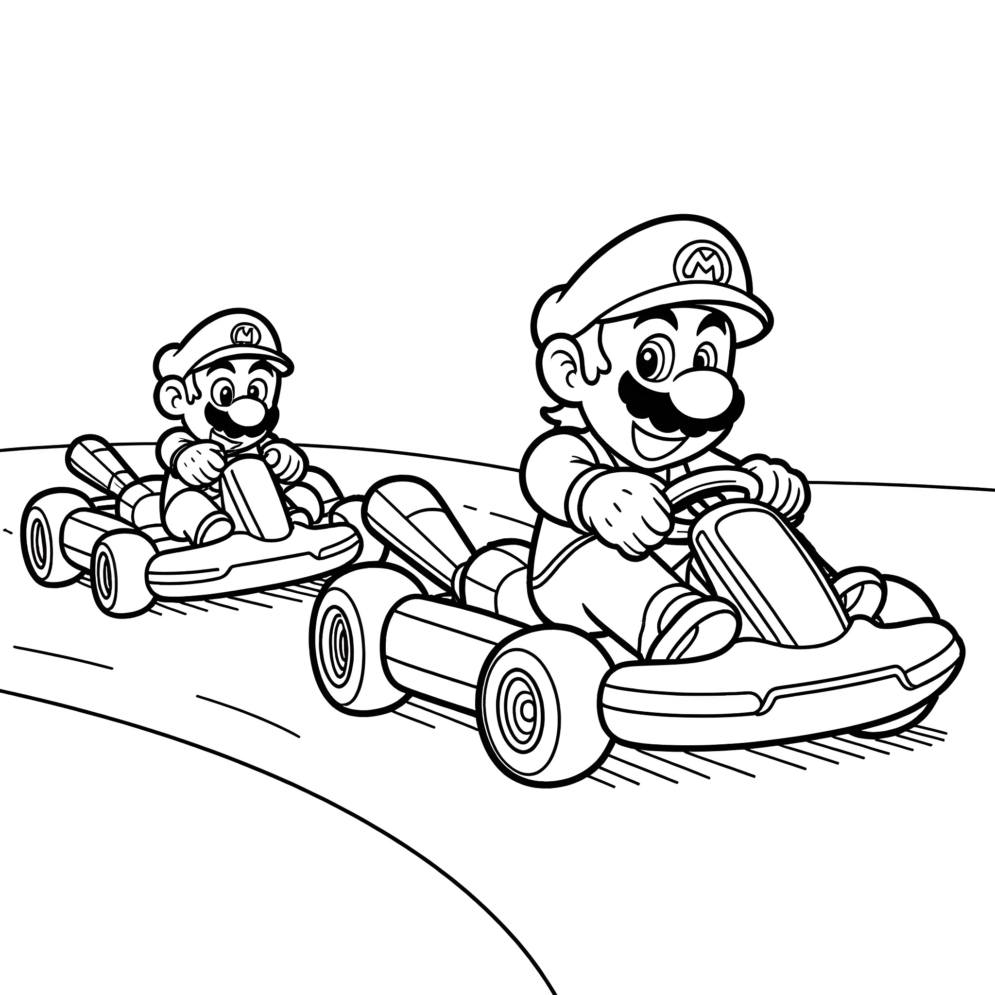 Mario and his friend race in go-karts Coloring Page (free black-and-white line drawing printable PDF for all, from beginners to advanced learners, including children, teens, adults, and seniors)
