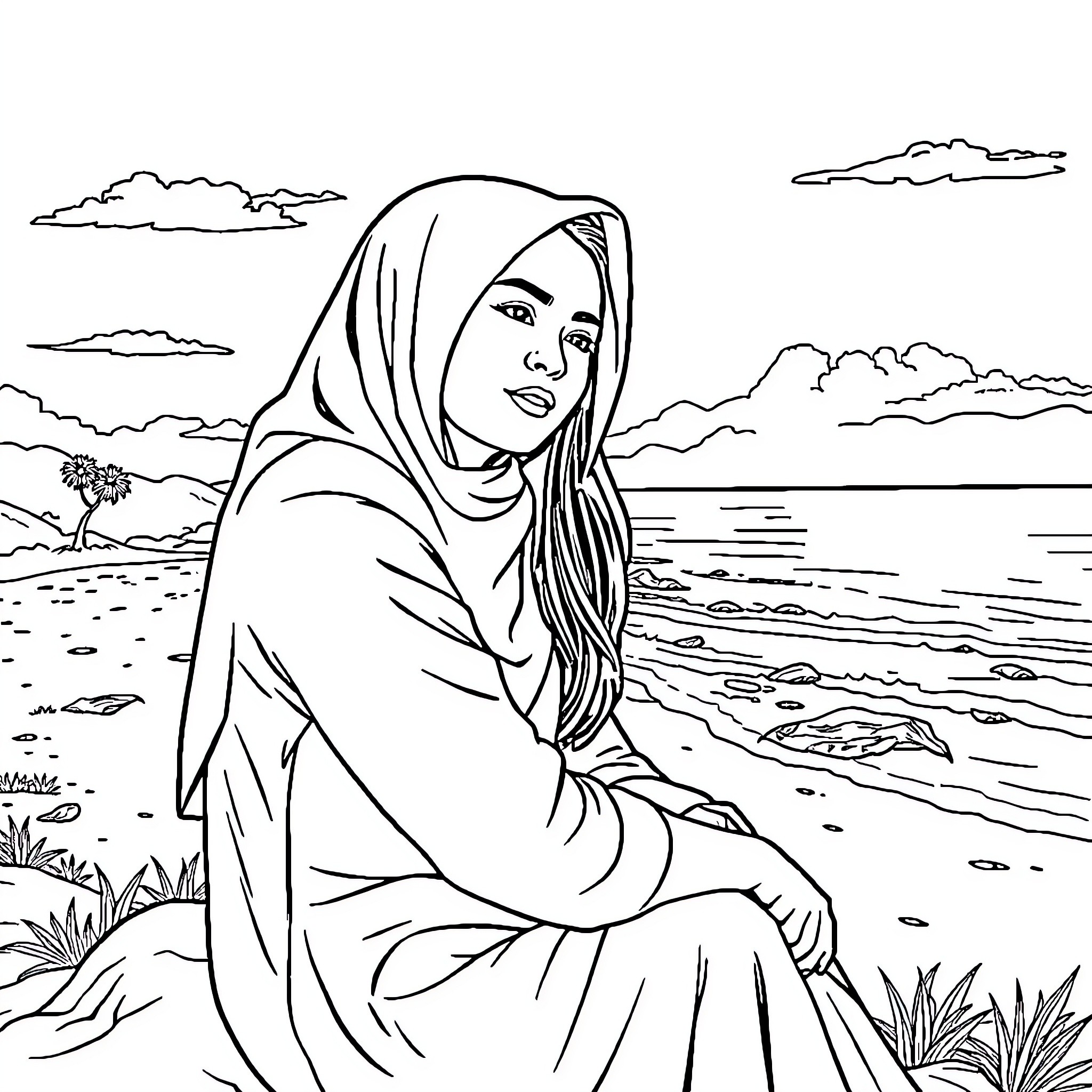 Woman gazing pensively at the ocean Coloring Page (free black-and-white line drawing printable PDF for all, from beginners to advanced learners, including children, teens, adults, and seniors)