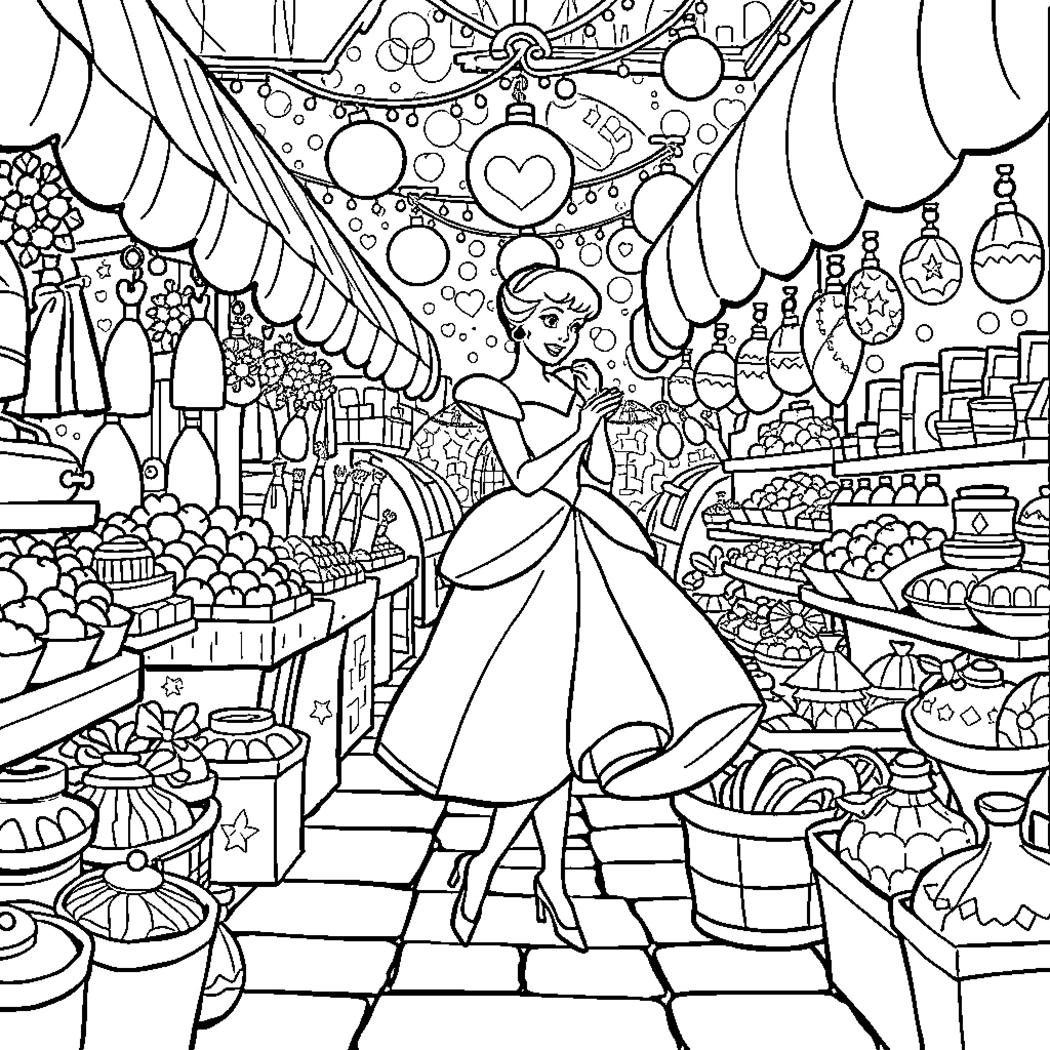 Cinderella's Enchanting Market Adventure Coloring Page (free black-and-white line drawing printable PDF for all, from beginners to advanced learners, including children, teens, adults, and seniors)