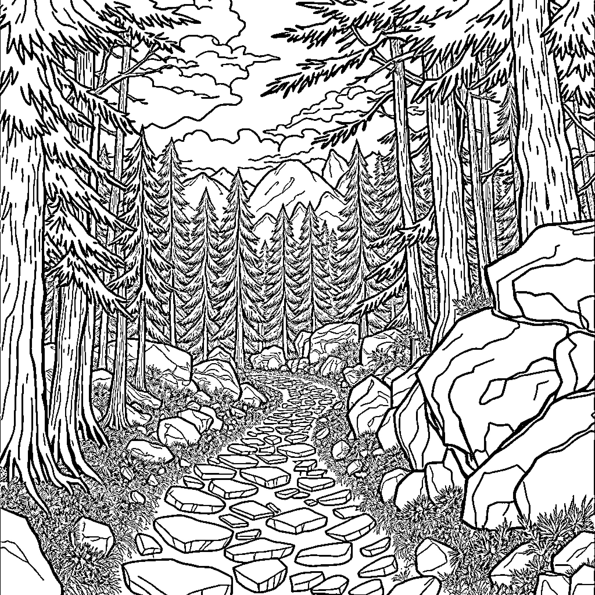 Journey through a Wintry Woodland Wonderland Coloring Page (free black-and-white line drawing printable PDF for all, from beginners to advanced learners, including children, teens, adults, and seniors)