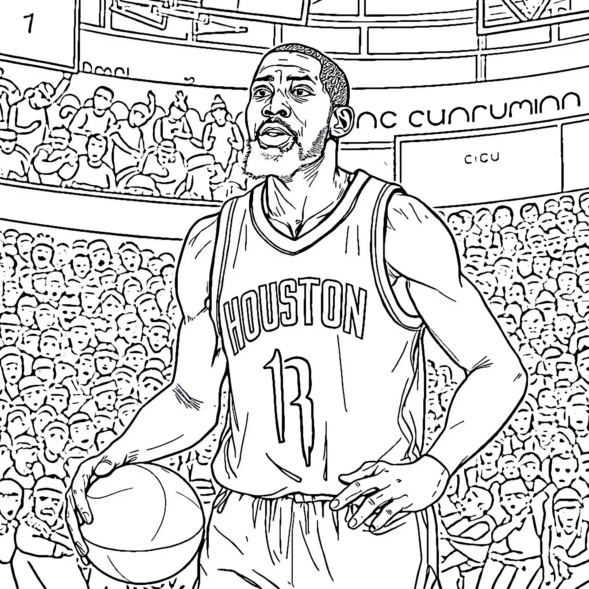 Kevin Durant playing basketball on a court Coloring Page (free black-and-white line drawing printable PDF for all, from beginners to advanced learners, including children, teens, adults, and seniors)