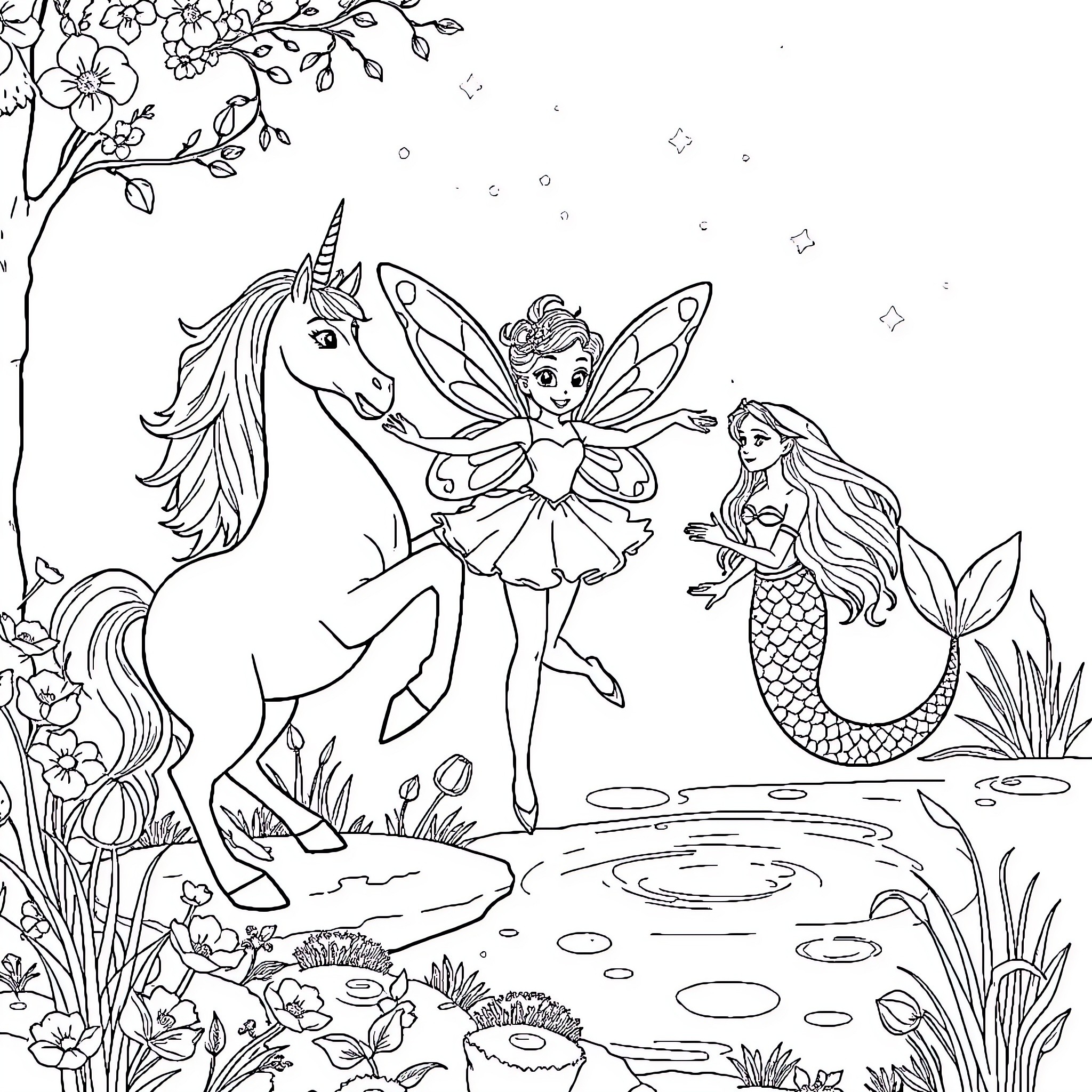 Fairy Creatures Frolicking in Enchanted Forest Coloring Page (free black-and-white line drawing printable PDF for all, from beginners to advanced learners, including children, teens, adults, and seniors)