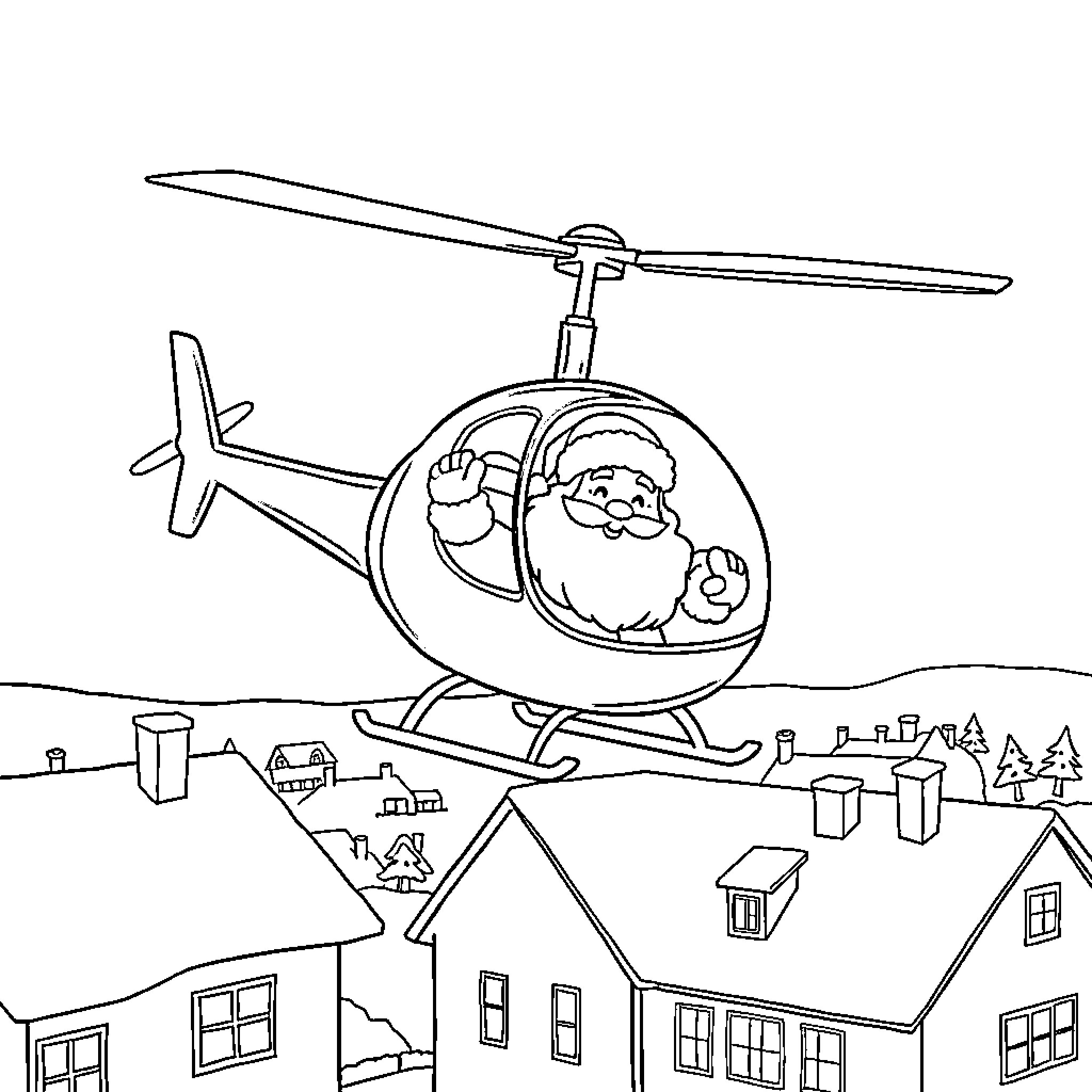 Santa flying in a helicopter over a snowy town Coloring Page (free black-and-white line drawing printable PDF for all, from beginners to advanced learners, including children, teens, adults, and seniors)