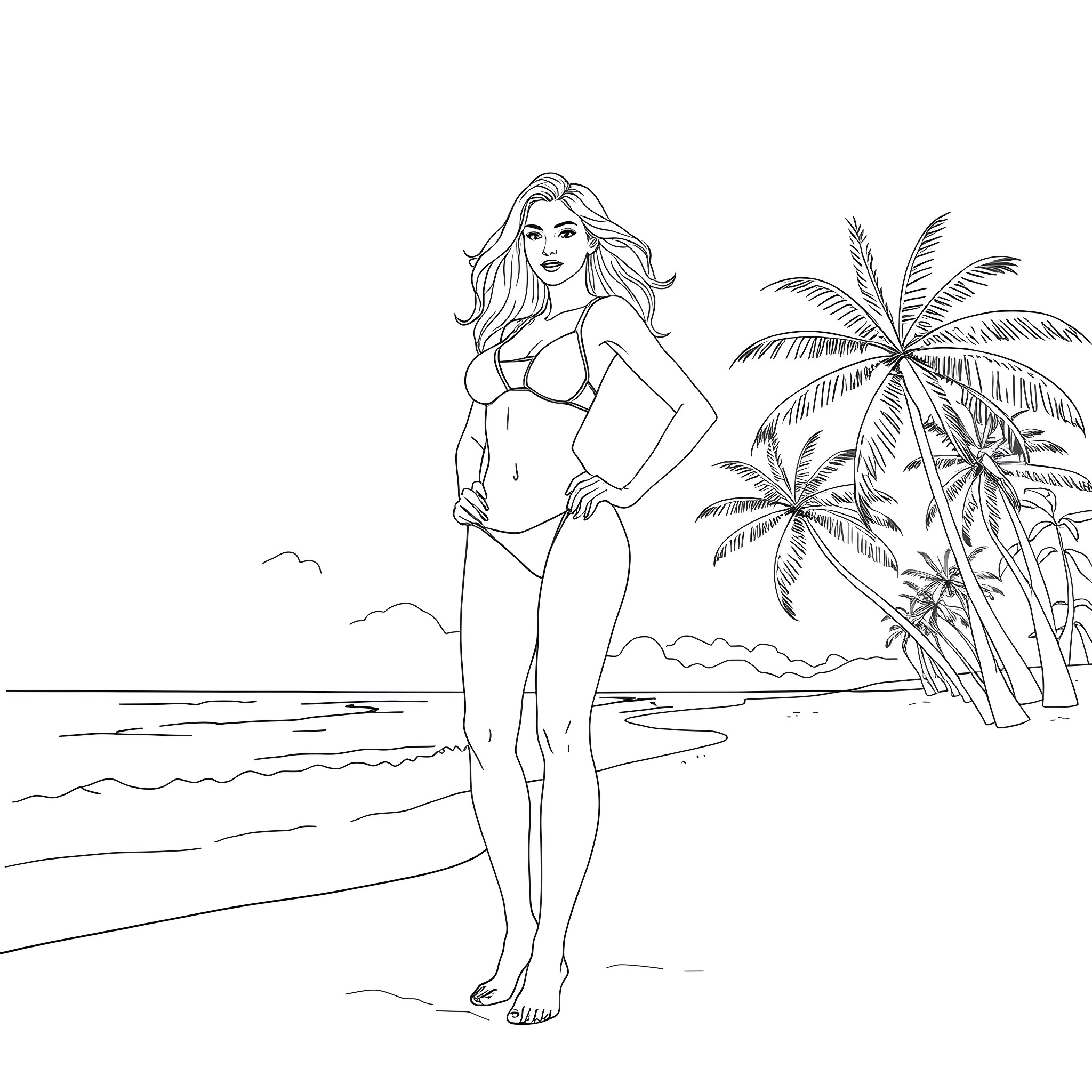 Woman posing on a tropical beach Coloring Page (free black-and-white line drawing printable PDF for all, from beginners to advanced learners, including children, teens, adults, and seniors)