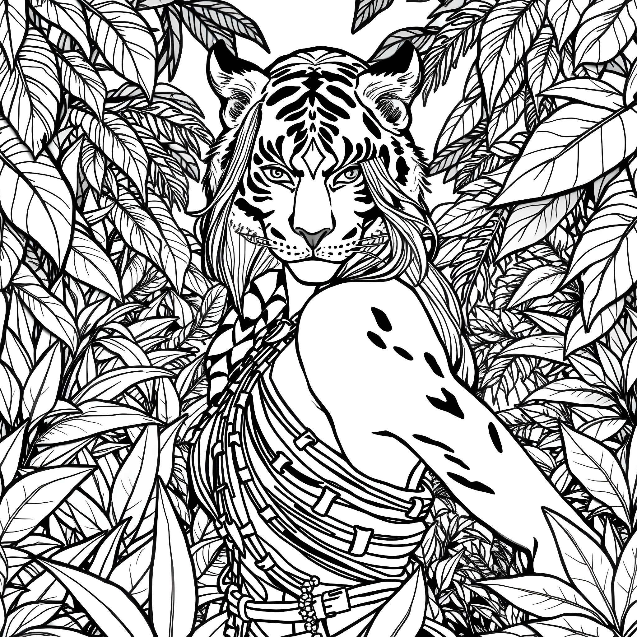 Tiger Woman Surrounded by Intricate Foliage Coloring Page (free black-and-white line drawing printable PDF for all, from beginners to advanced learners, including children, teens, adults, and seniors)