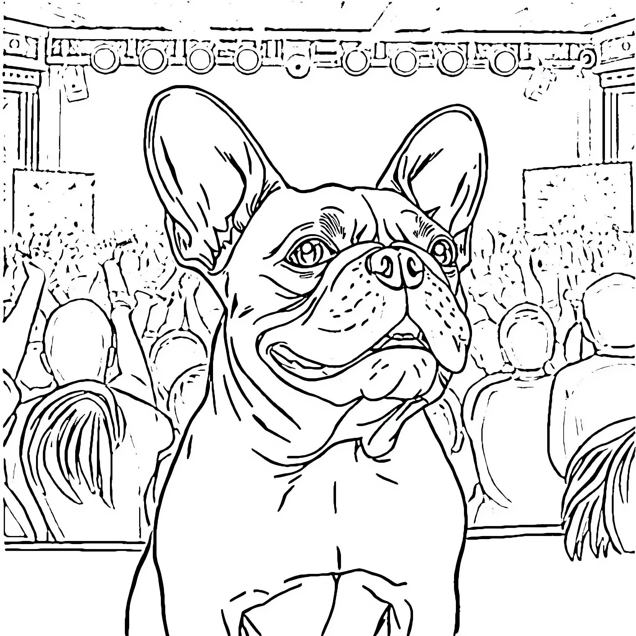 French Bulldog enjoying a lively event Coloring Page (free black-and-white line drawing printable PDF for all, from beginners to advanced learners, including children, teens, adults, and seniors)