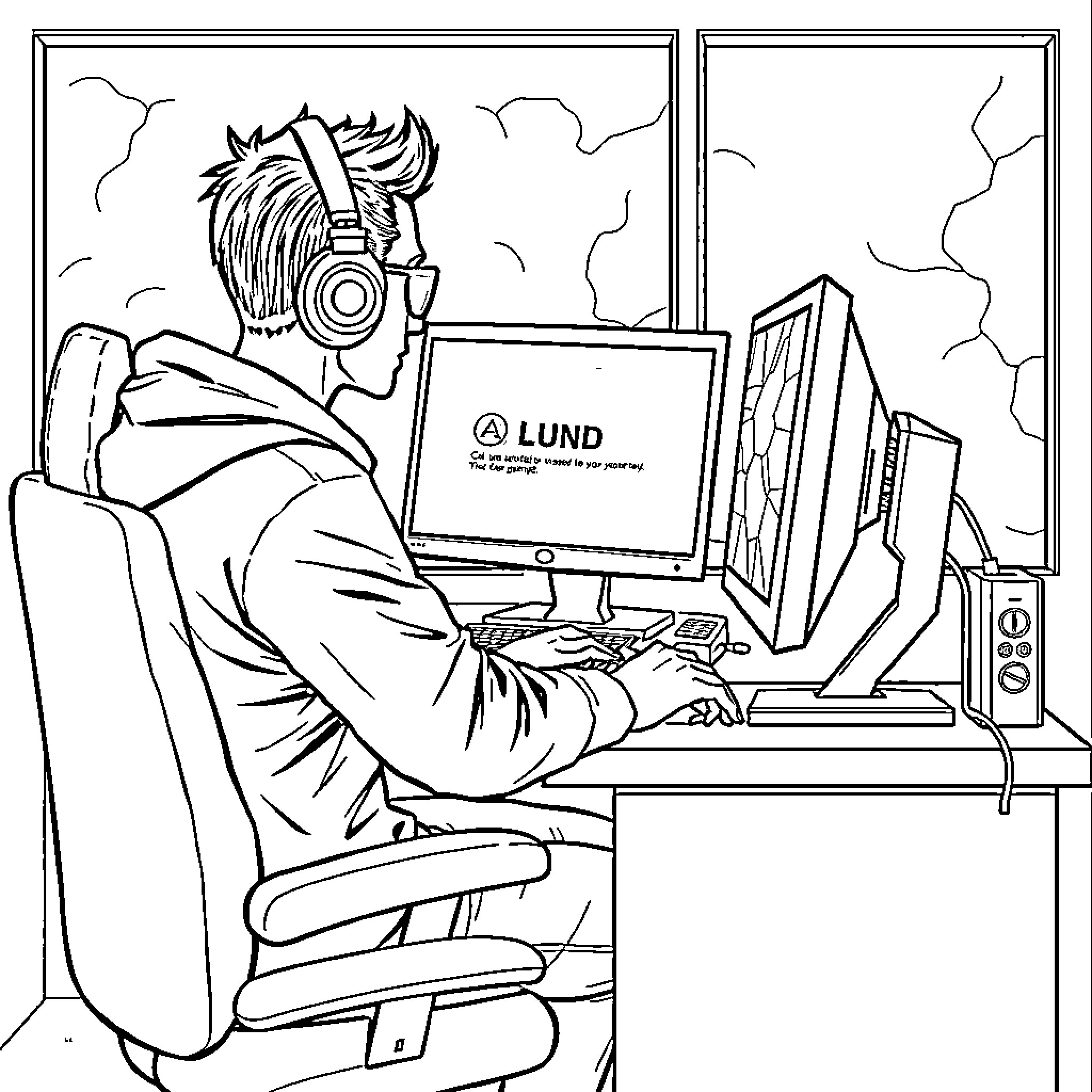 Gamer focused on computer screen in workspace Coloring Page (free black-and-white line drawing printable PDF for all, from beginners to advanced learners, including children, teens, adults, and seniors)