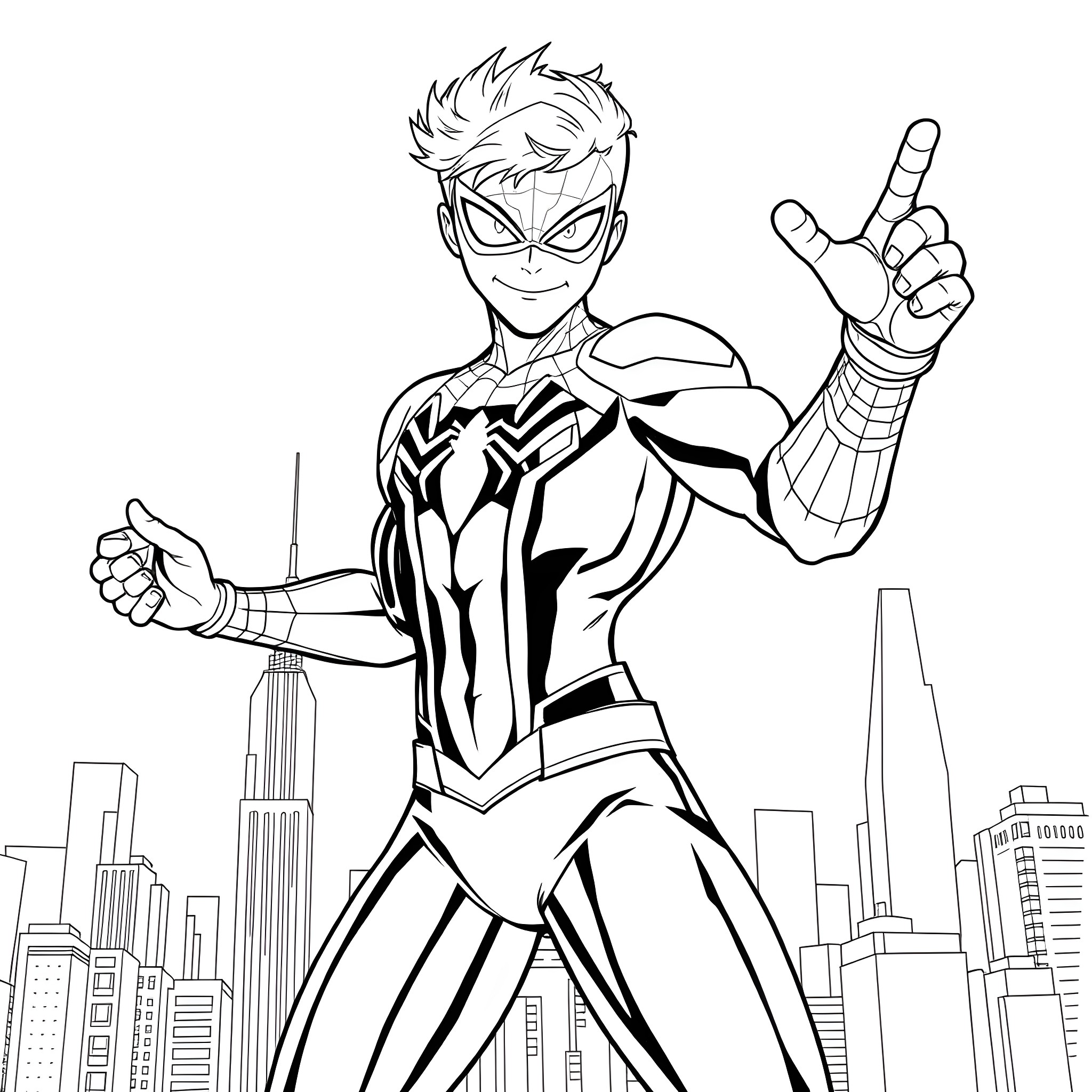 Spider-Boy Swinging Through the City Coloring Page (free black-and-white line drawing printable PDF for all, from beginners to advanced learners, including children, teens, adults, and seniors)