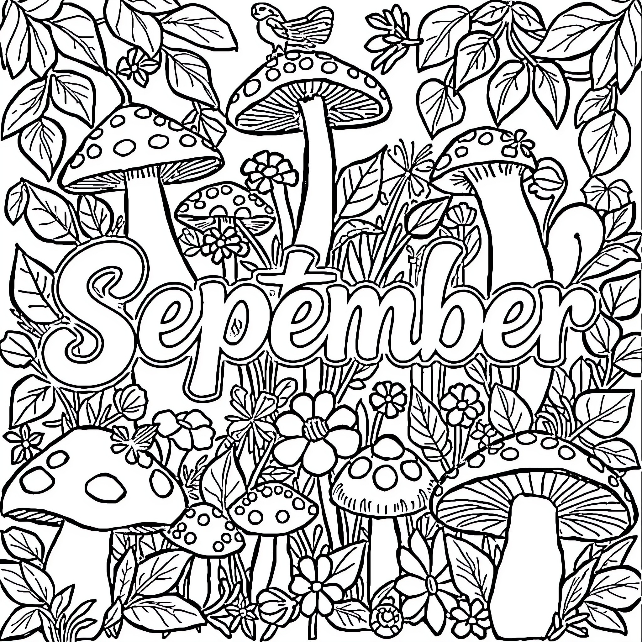 September Woodland Whimsy Coloring Page (free black-and-white line drawing printable PDF for all, from beginners to advanced learners, including children, teens, adults, and seniors)