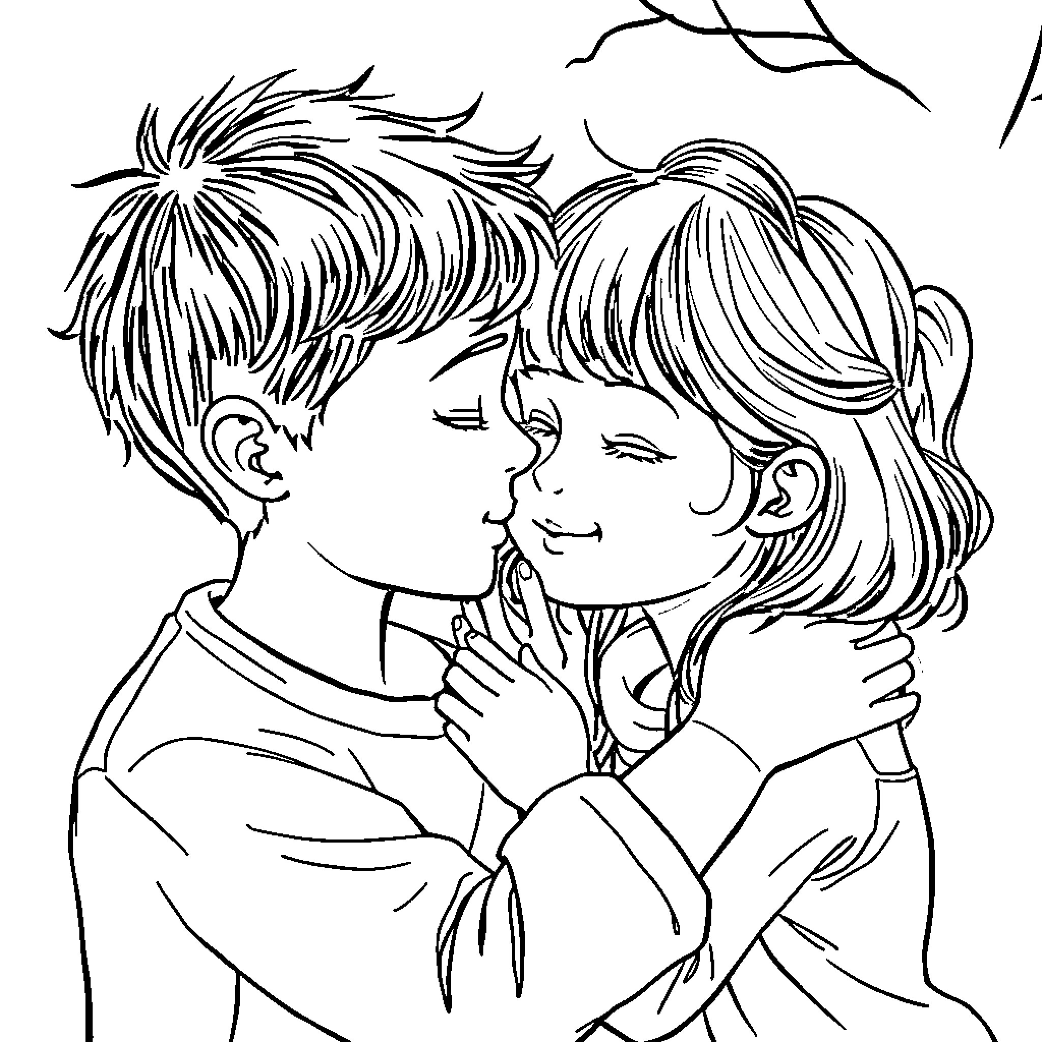 Boy and Girl in Embrace Outdoors Coloring Page (free black-and-white line drawing printable PDF for all, from beginners to advanced learners, including children, teens, adults, and seniors)