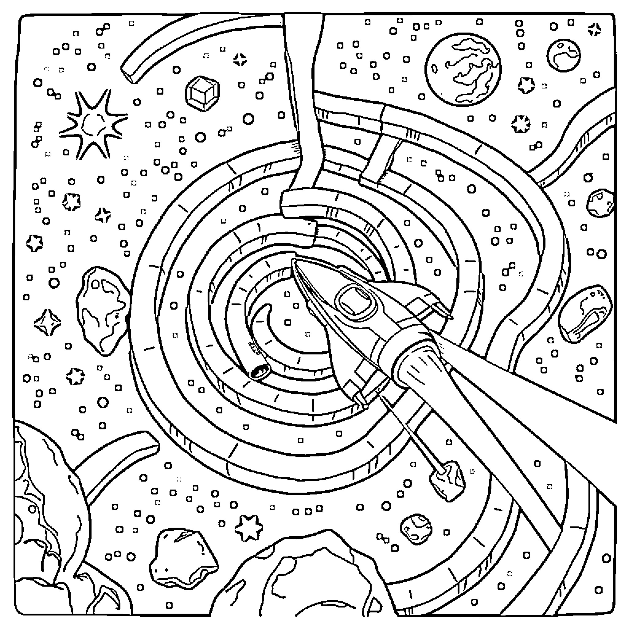 Spaceship Soaring Through Cosmic Landscape Coloring Page (free black-and-white line drawing printable PDF for all, from beginners to advanced learners, including children, teens, adults, and seniors)