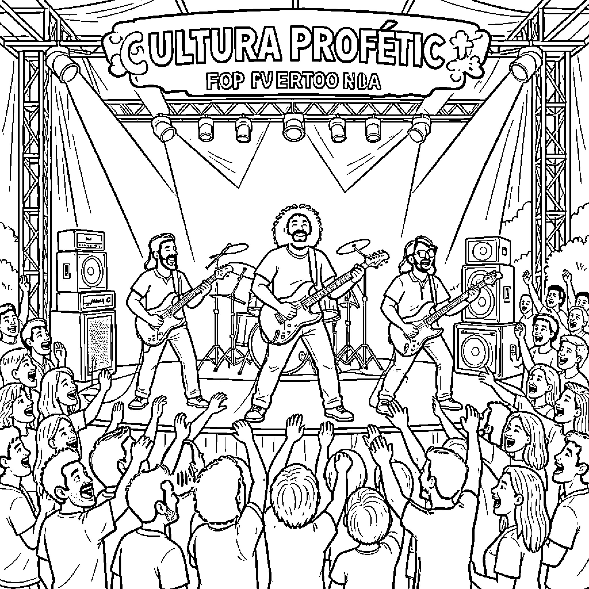 Cultura Profetica: Musical Performance at an Energetic Live Event Coloring Page (free black-and-white line drawing printable PDF for all, from beginners to advanced learners, including children, teens, adults, and seniors)