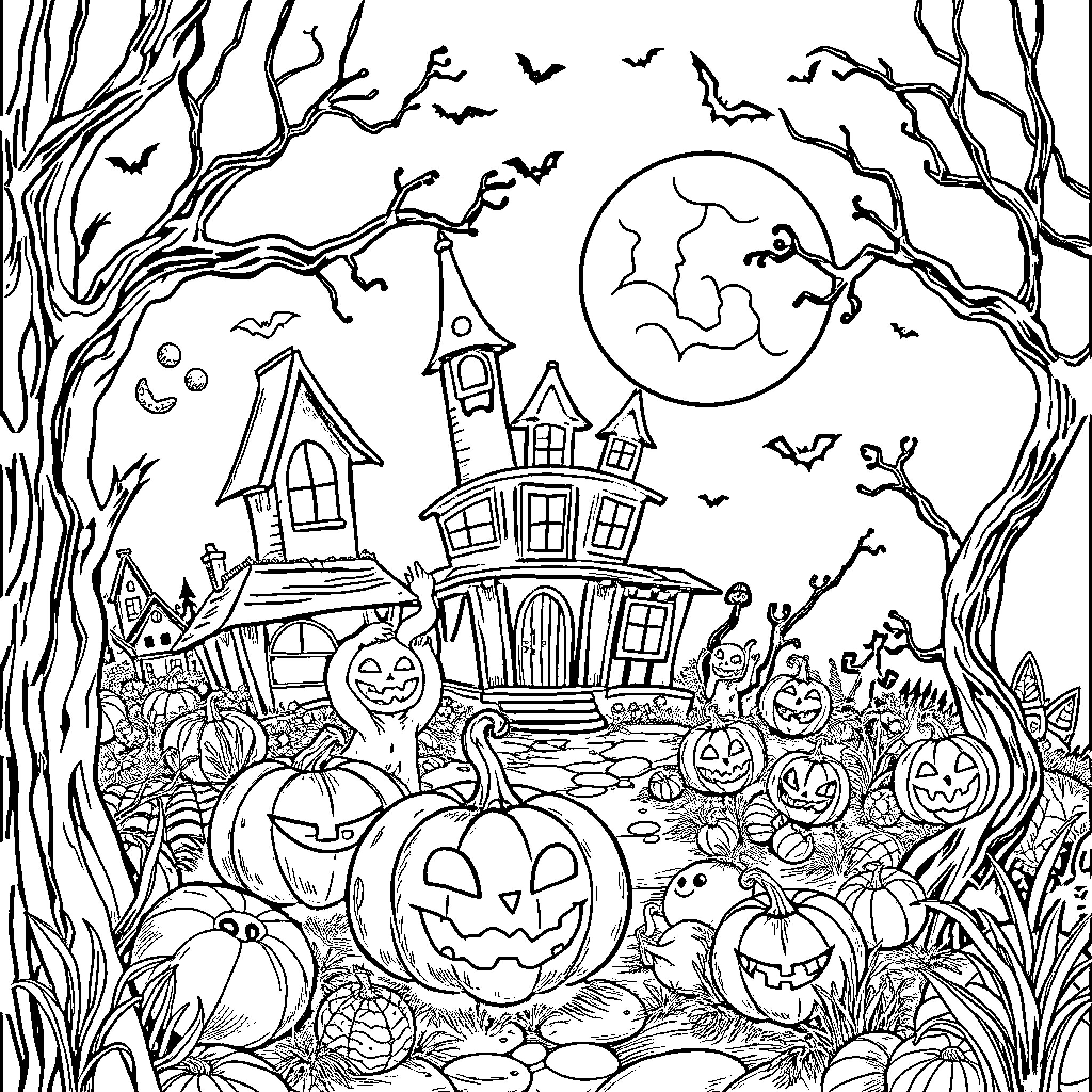 Halloween Haunted House and Spooky Pumpkin Patch Coloring Page (free black-and-white line drawing printable PDF for all, from beginners to advanced learners, including children, teens, adults, and seniors)