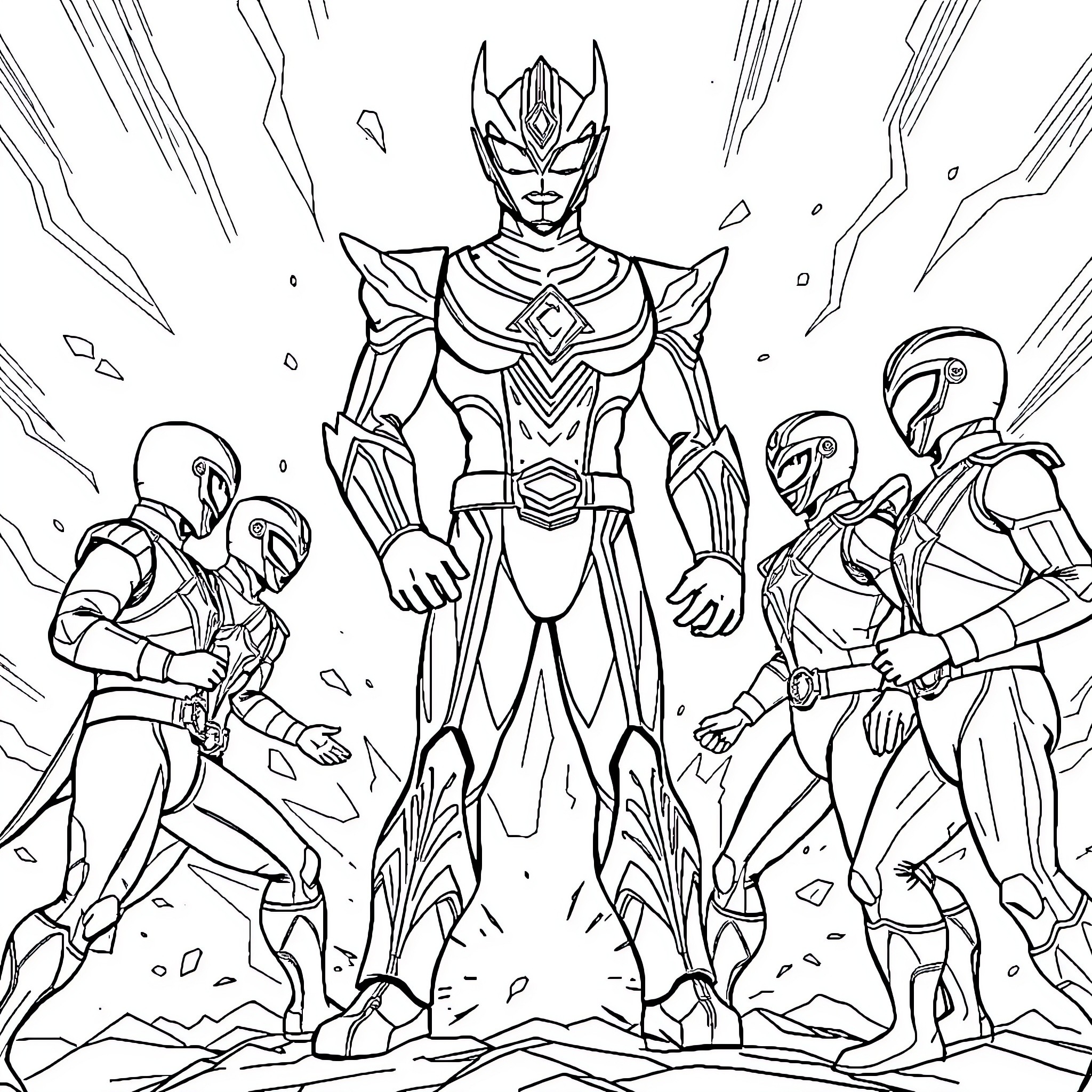 Ultraman leading heroic team in action-packed scene Coloring Page (free black-and-white line drawing printable PDF for all, from beginners to advanced learners, including children, teens, adults, and seniors)