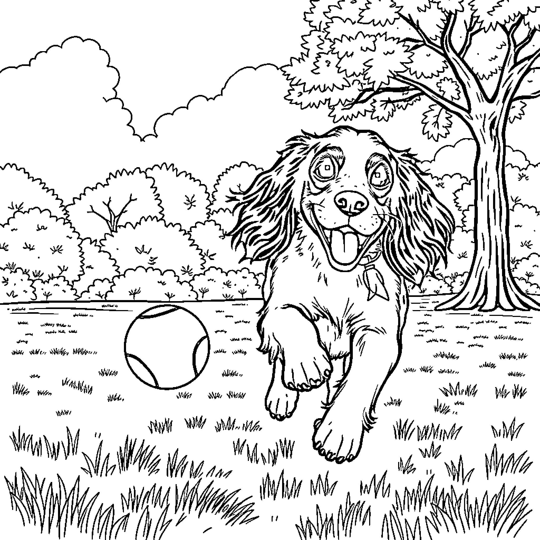 Spaniel chasing a ball in the park Coloring Page (free black-and-white line drawing printable PDF for all, from beginners to advanced learners, including children, teens, adults, and seniors)
