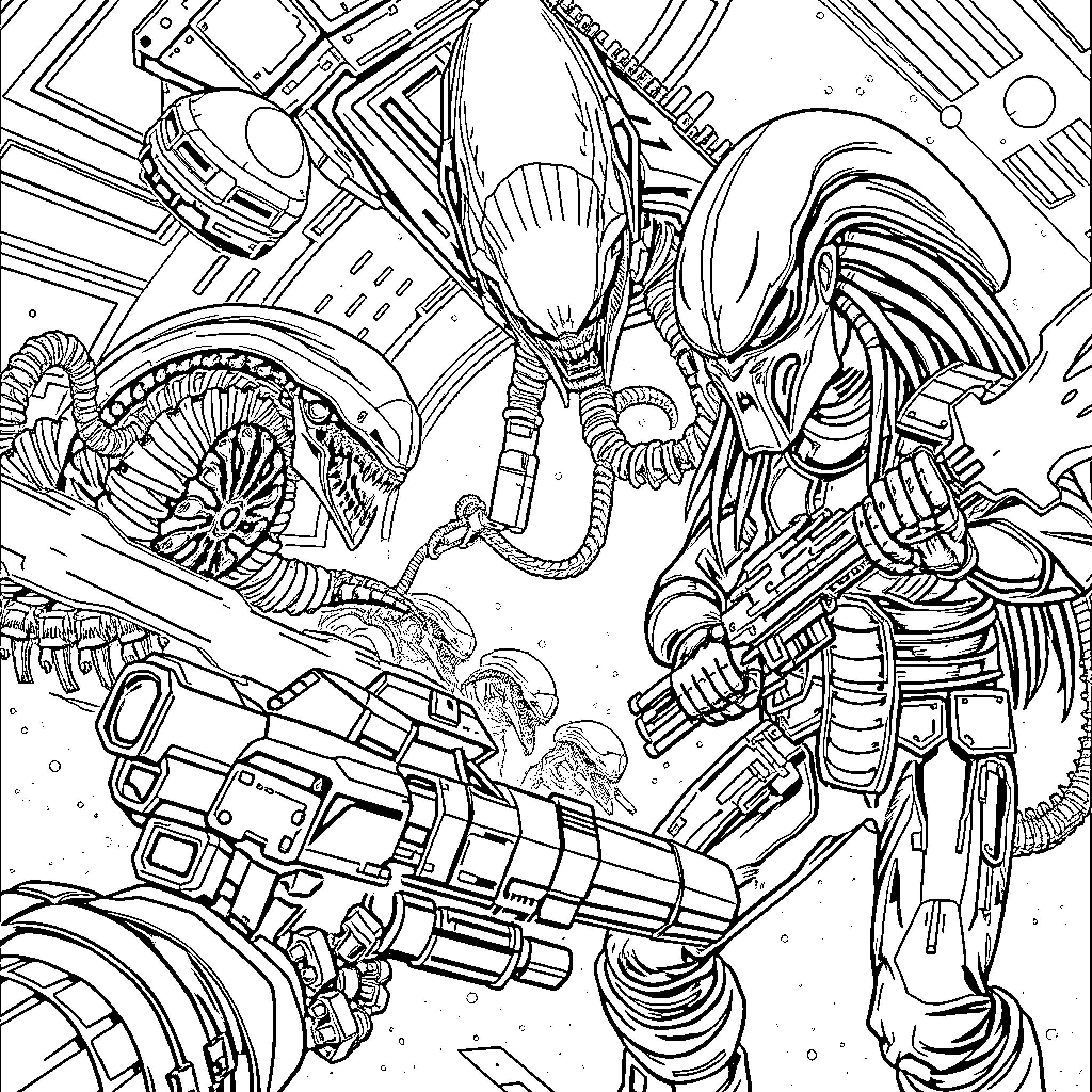 Alien Warriors Engaged in Futuristic Combat Coloring Page (free black-and-white line drawing printable PDF for all, from beginners to advanced learners, including children, teens, adults, and seniors)