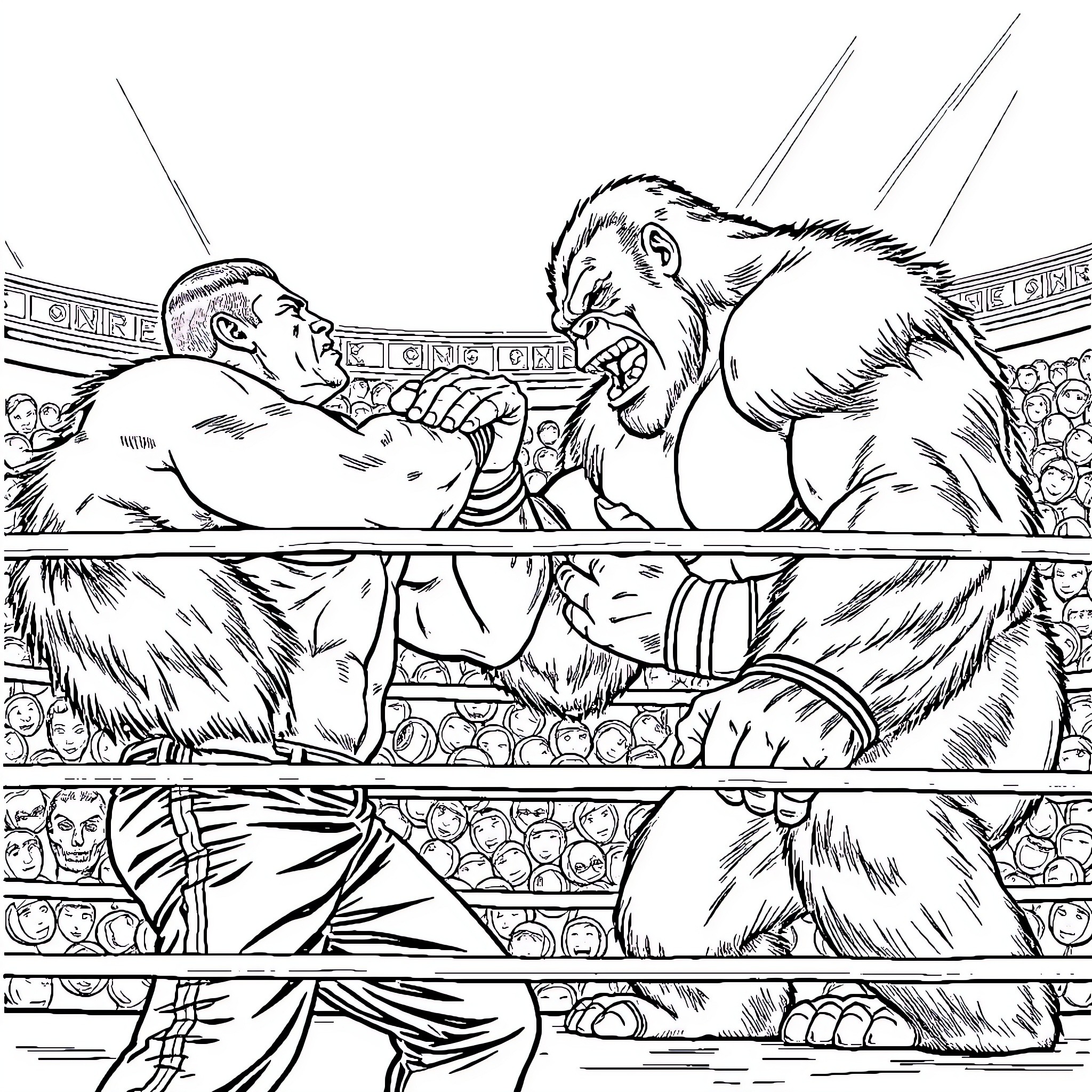 John Cena battles a fearsome beast in the wrestling ring Coloring Page (free black-and-white line drawing printable PDF for all, from beginners to advanced learners, including children, teens, adults, and seniors)