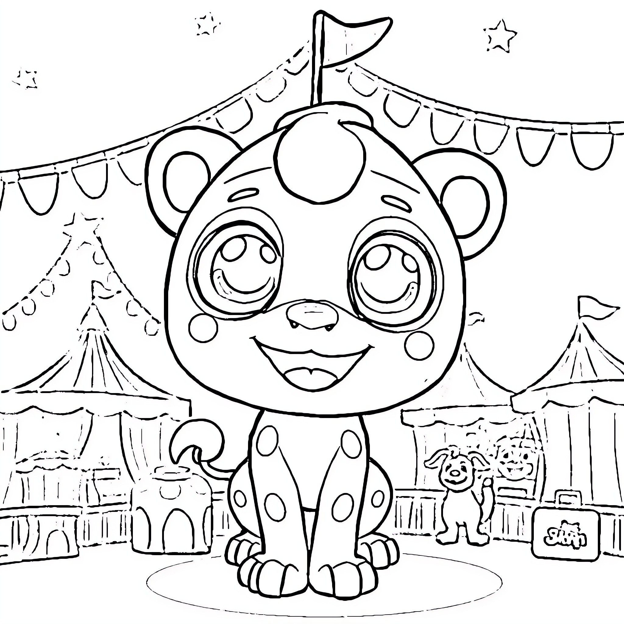 Pomni Playful Panda at the Carnival Coloring Page (free black-and-white line drawing printable PDF for all, from beginners to advanced learners, including children, teens, adults, and seniors)