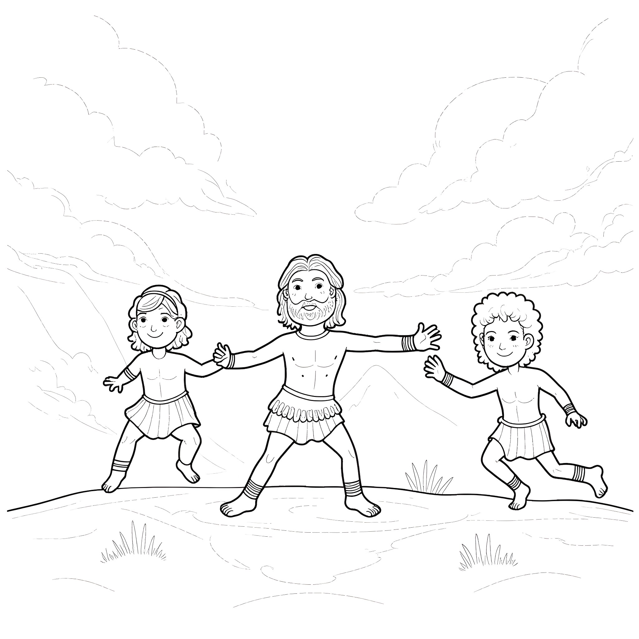 Zeus leading children in dance and play Coloring Page (free black-and-white line drawing printable PDF for all, from beginners to advanced learners, including children, teens, adults, and seniors)