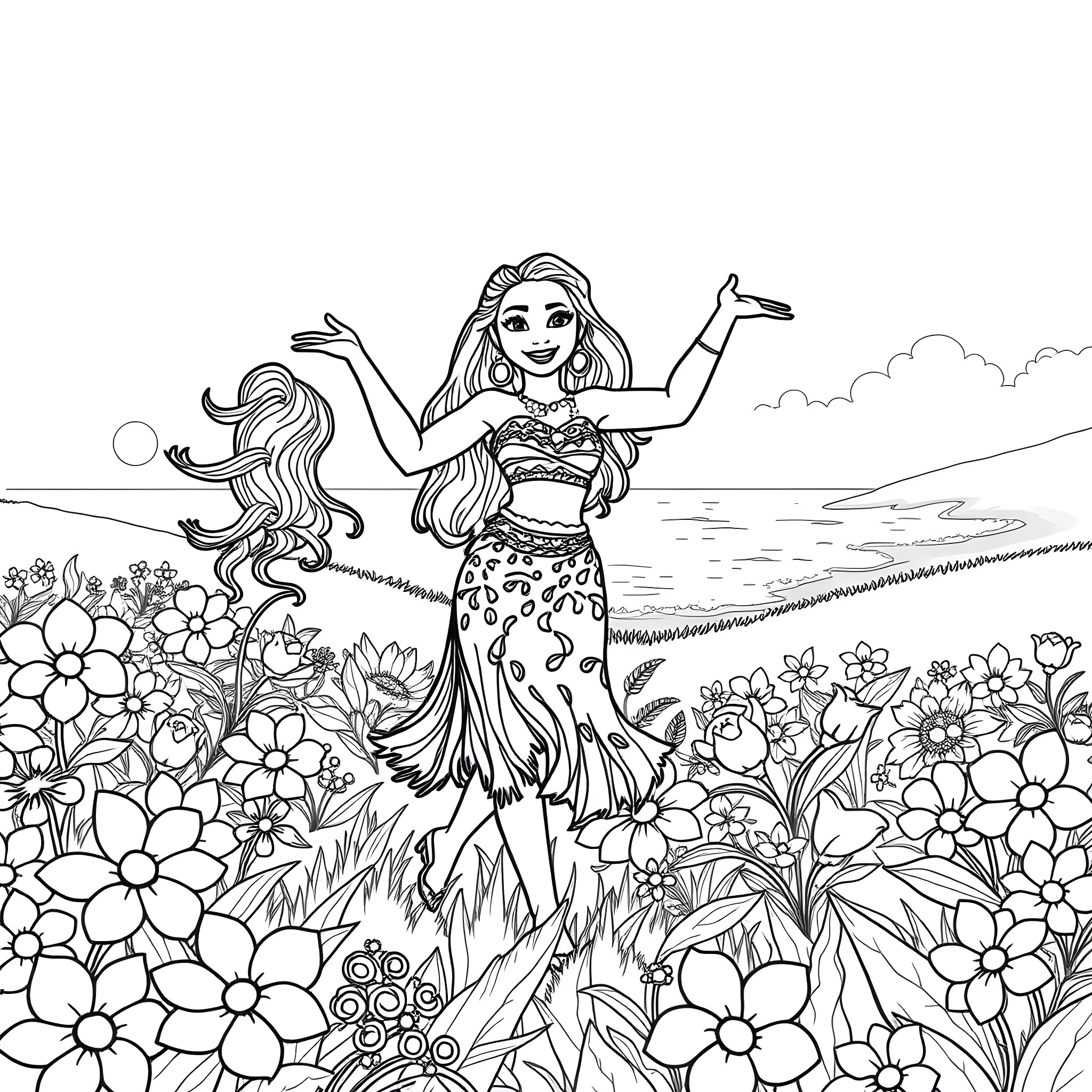 Moana dancing joyfully in a field of flowers Coloring Page (free black-and-white line drawing printable PDF for all, from beginners to advanced learners, including children, teens, adults, and seniors)