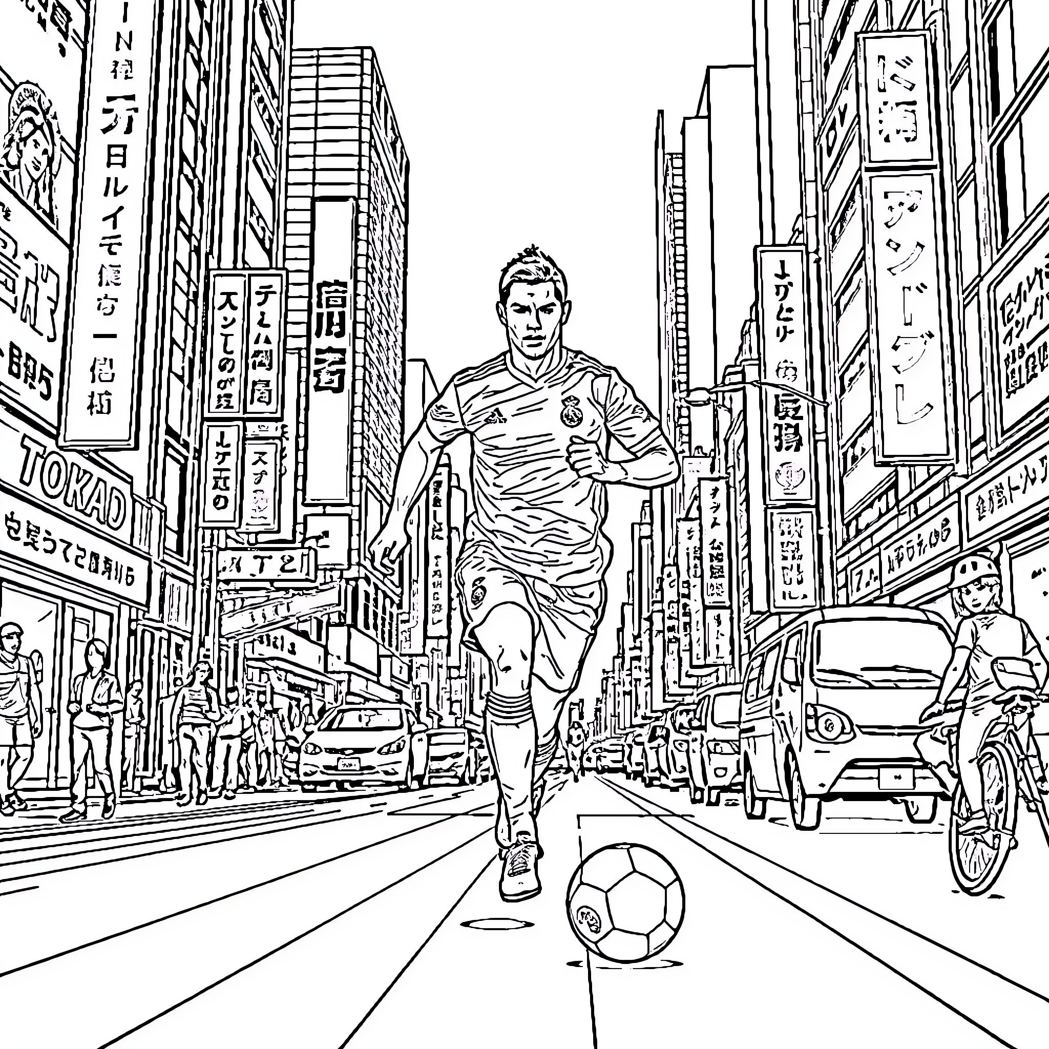 Ronaldo playing soccer in a busy city street Coloring Page (free black-and-white line drawing printable PDF for all, from beginners to advanced learners, including children, teens, adults, and seniors)