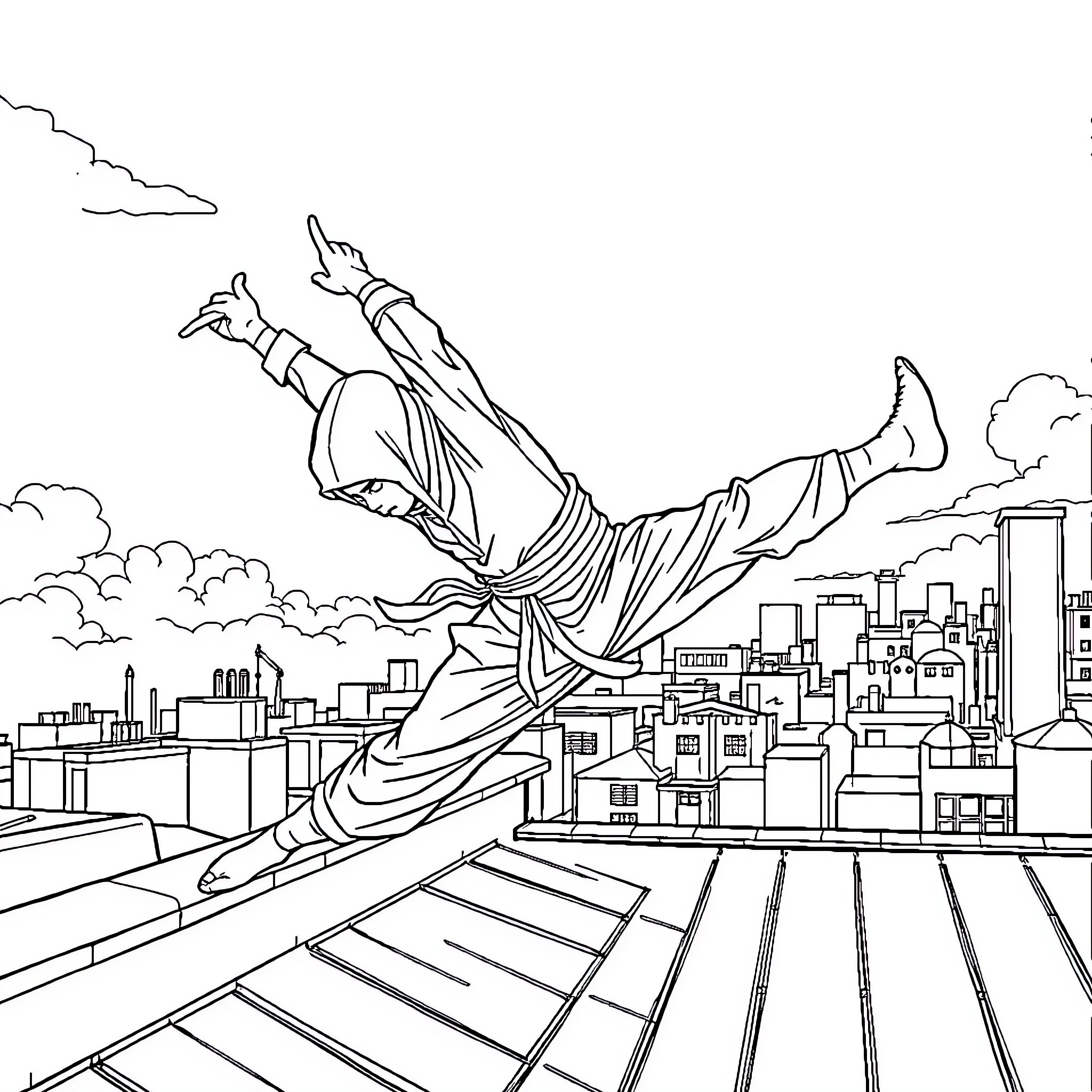 Ninja warrior leaping through the city skyline Coloring Page (free black-and-white line drawing printable PDF for all, from beginners to advanced learners, including children, teens, adults, and seniors)