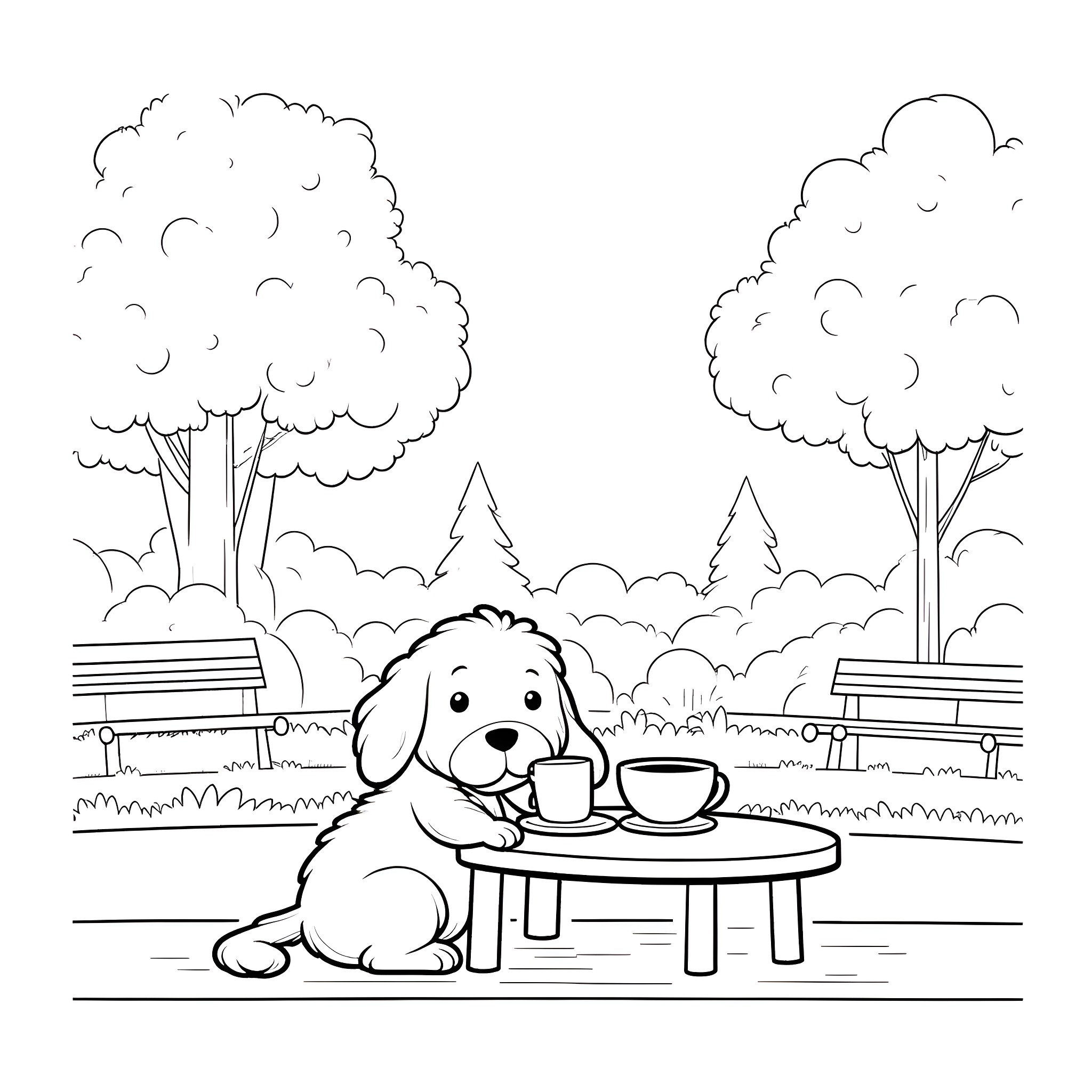 Puppy enjoying a snack in the park Coloring Page (free black-and-white line drawing printable PDF for all, from beginners to advanced learners, including children, teens, adults, and seniors)