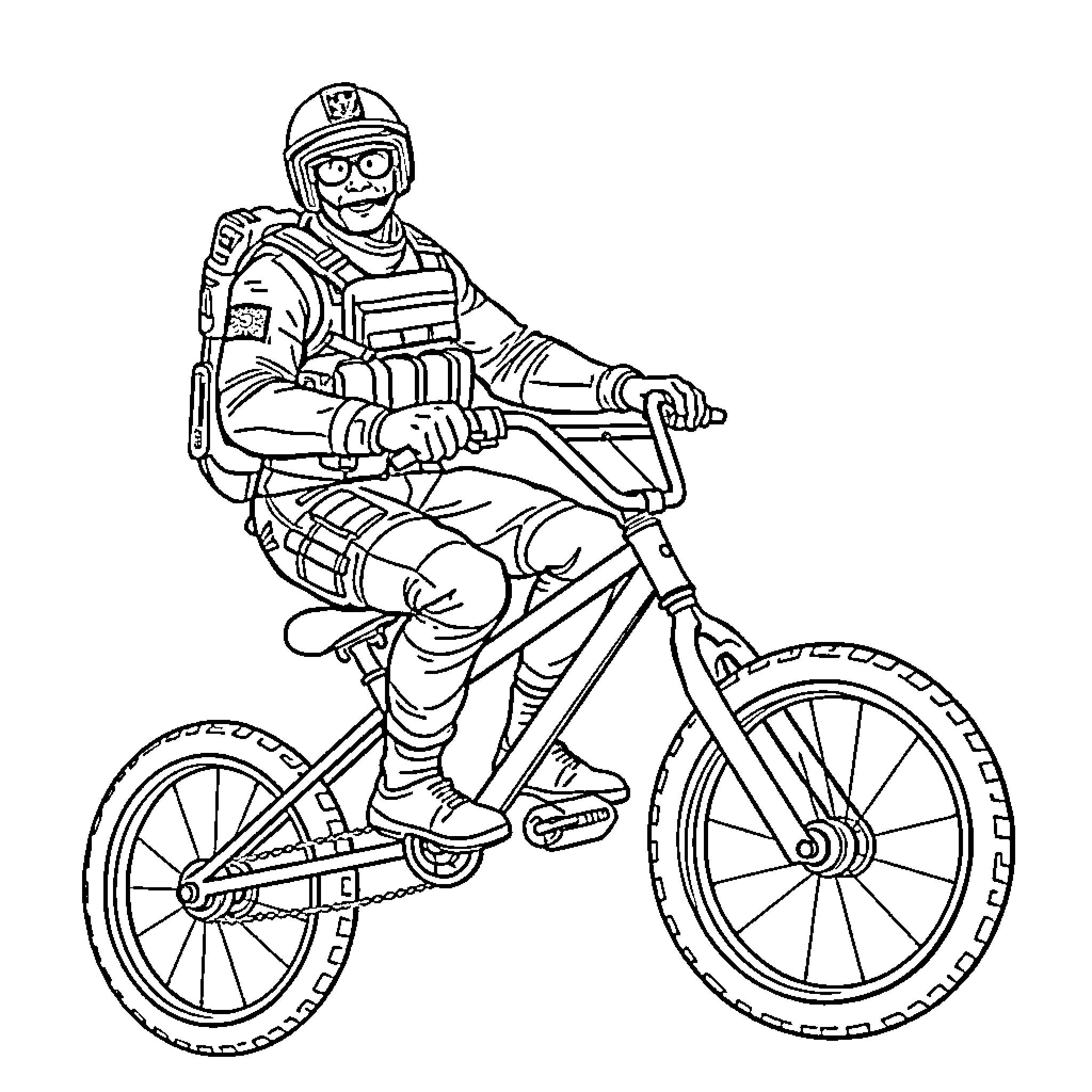 Navy SEAL Riding Bicycle Confidently Coloring Page (free black-and-white line drawing printable PDF for all, from beginners to advanced learners, including children, teens, adults, and seniors)