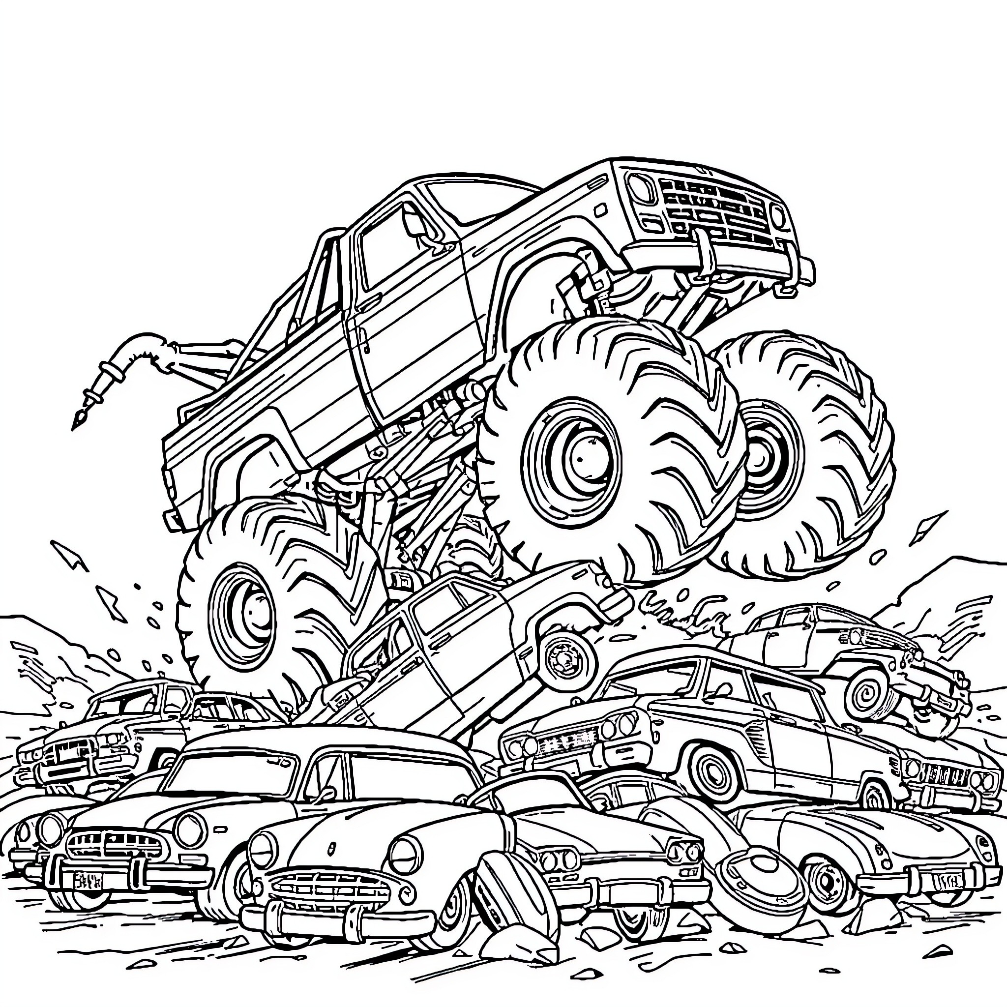 Monster Truck crushing and jumping over old cars Coloring Page (free black-and-white line drawing printable PDF for all, from beginners to advanced learners, including children, teens, adults, and seniors)