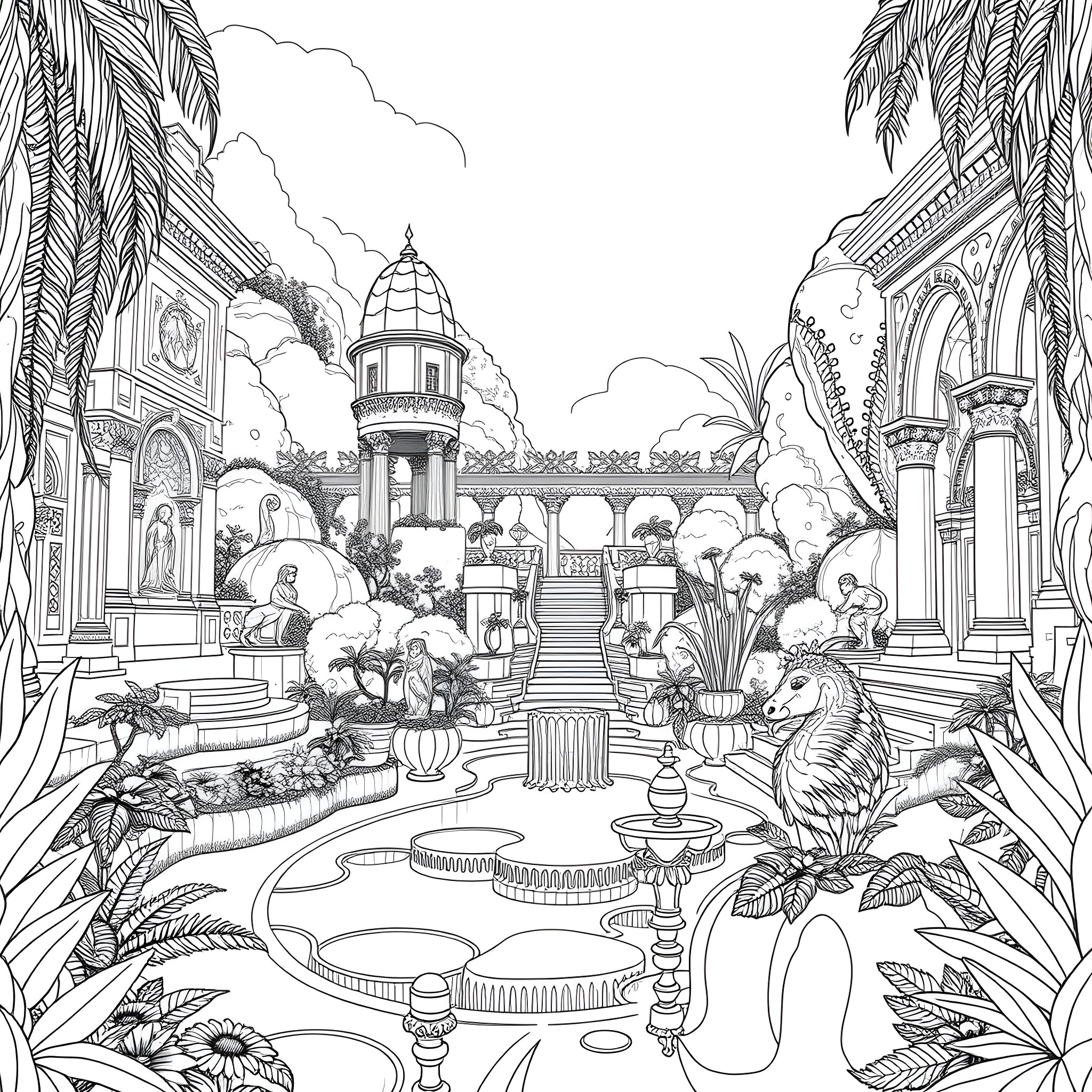 Garden of Enchanted Palace with Exotic Animals Coloring Page (free black-and-white line drawing printable PDF for all, from beginners to advanced learners, including children, teens, adults, and seniors)