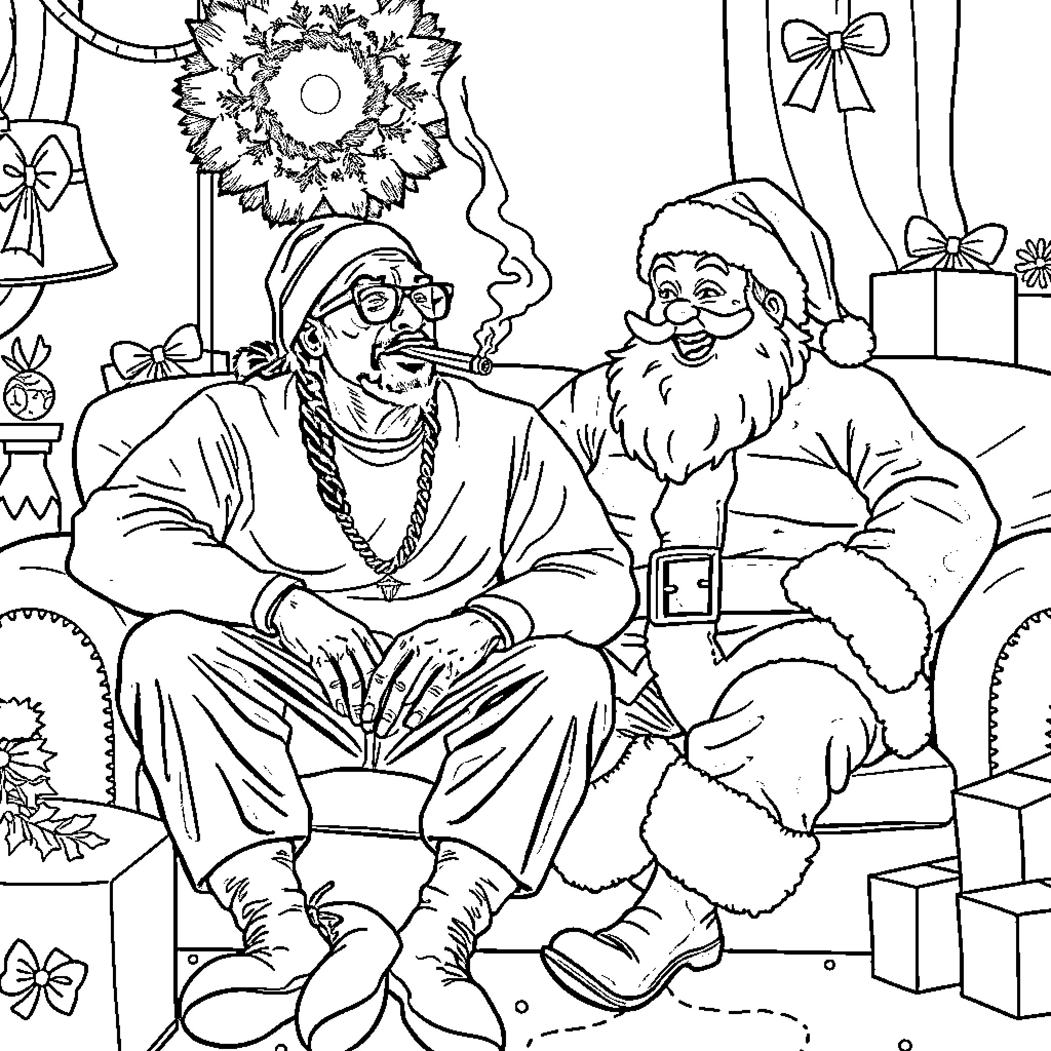 Snoop Dogg and Santa Claus celebrate the holidays together Coloring Page (free black-and-white line drawing printable PDF for all, from beginners to advanced learners, including children, teens, adults, and seniors)