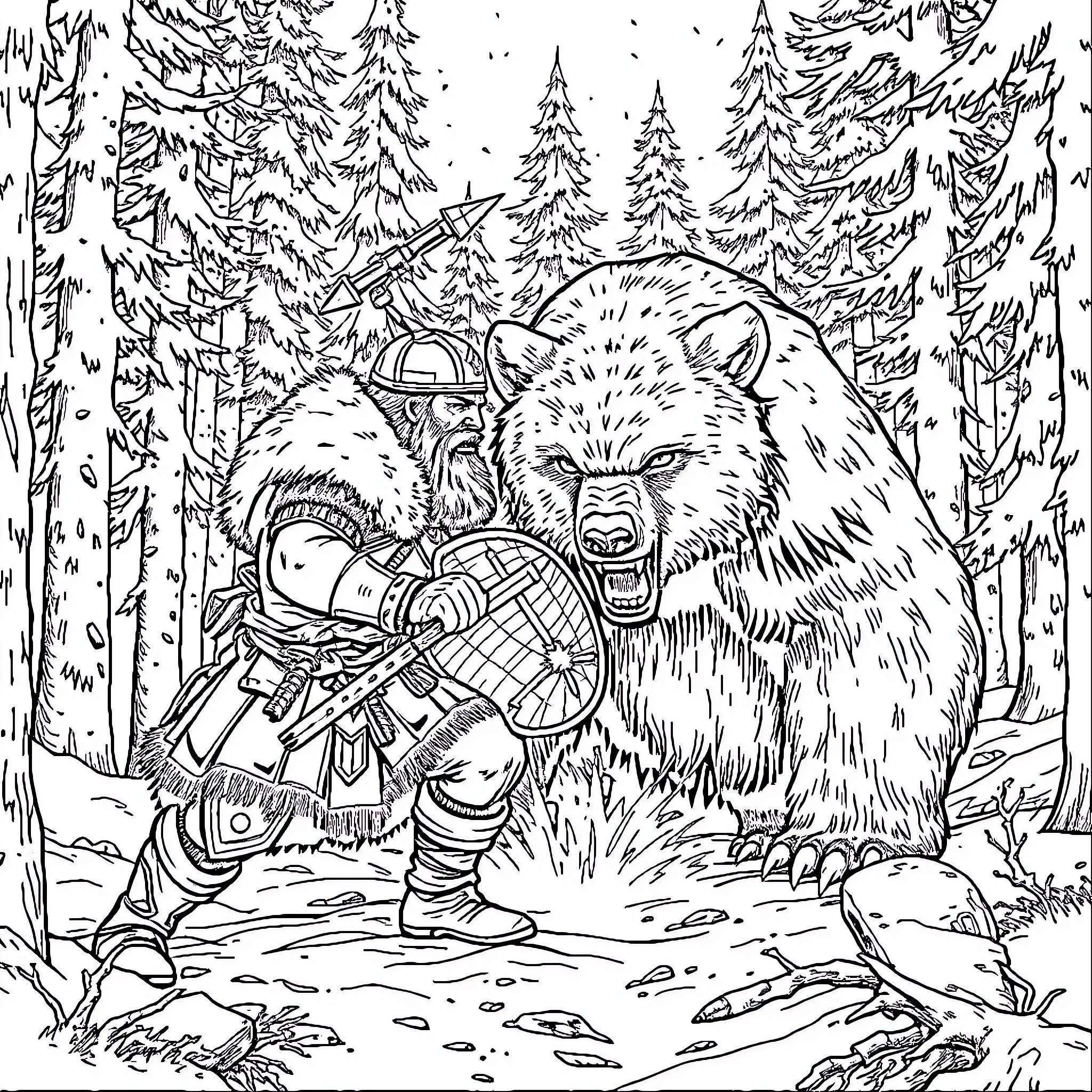Viking warrior confronting a fierce bear in the forest Coloring Page (free black-and-white line drawing printable PDF for all, from beginners to advanced learners, including children, teens, adults, and seniors)