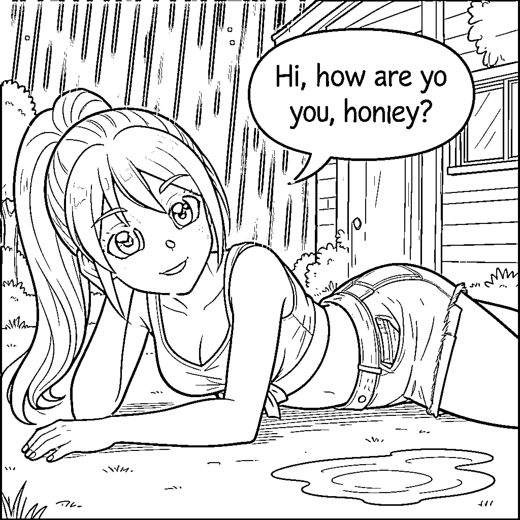 Anime Girl lying on the ground smiling and talking Coloring Page (free black-and-white line drawing printable PDF for all, from beginners to advanced learners, including children, teens, adults, and seniors)