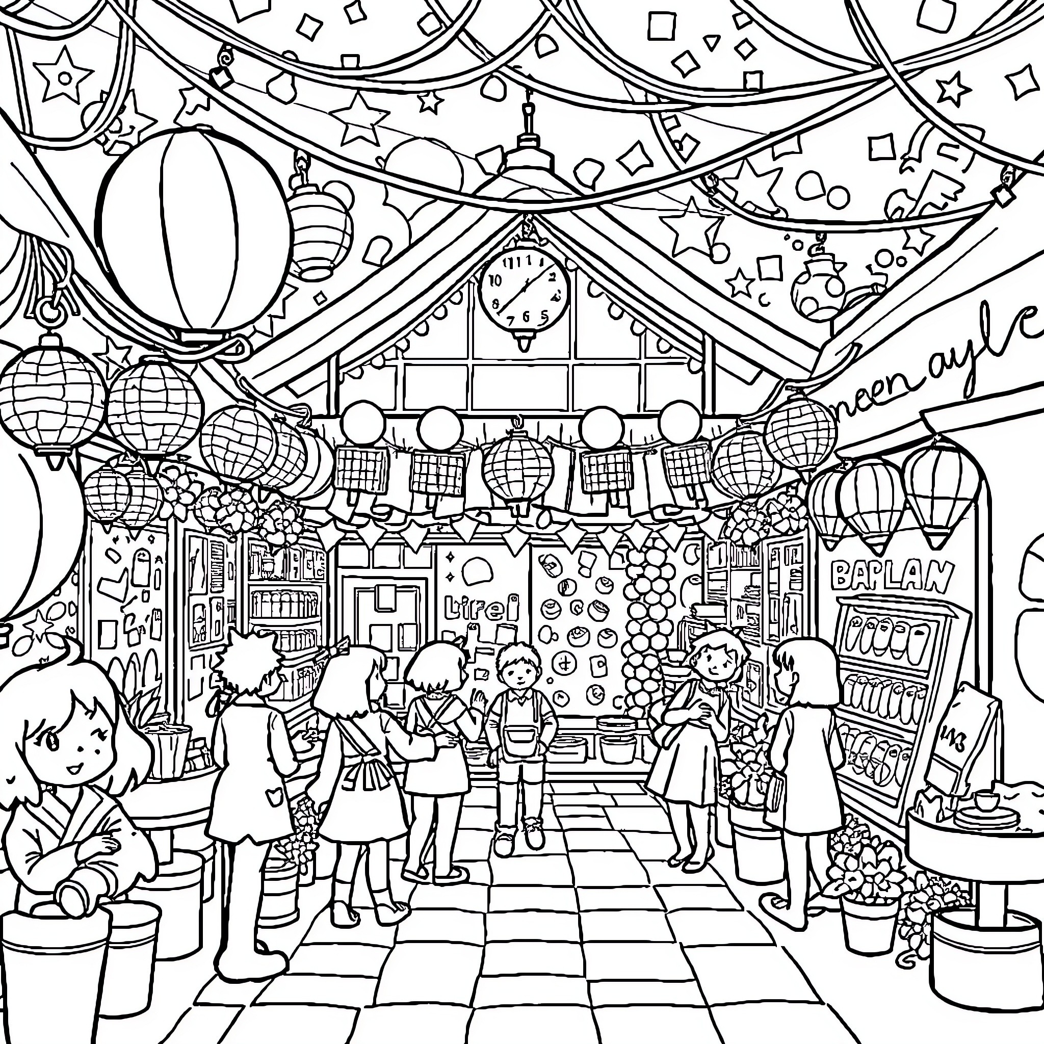 Miniemosude Festival Celebration in a Lively Venue Coloring Page (free black-and-white line drawing printable PDF for all, from beginners to advanced learners, including children, teens, adults, and seniors)