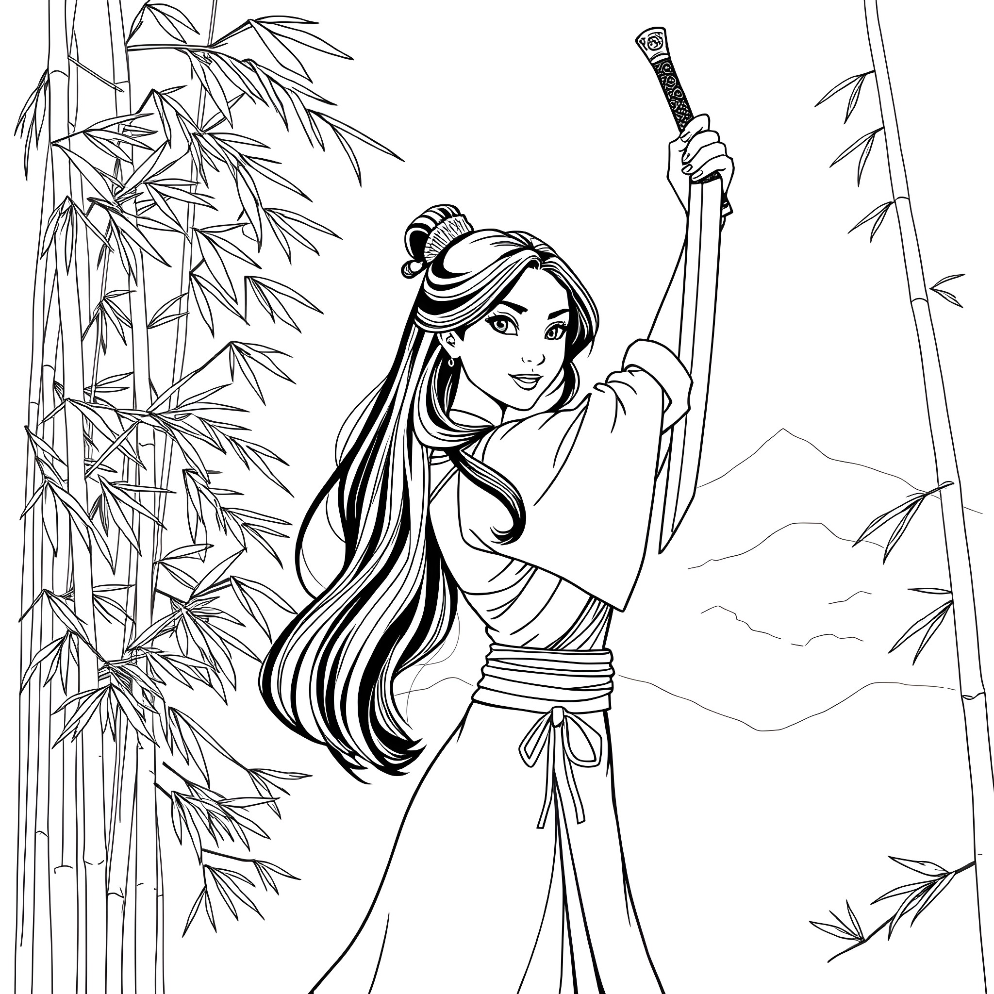 Mulan in Action Pose with Sword and Bamboo Forest Coloring Page (free black-and-white line drawing printable PDF for all, from beginners to advanced learners, including children, teens, adults, and seniors)